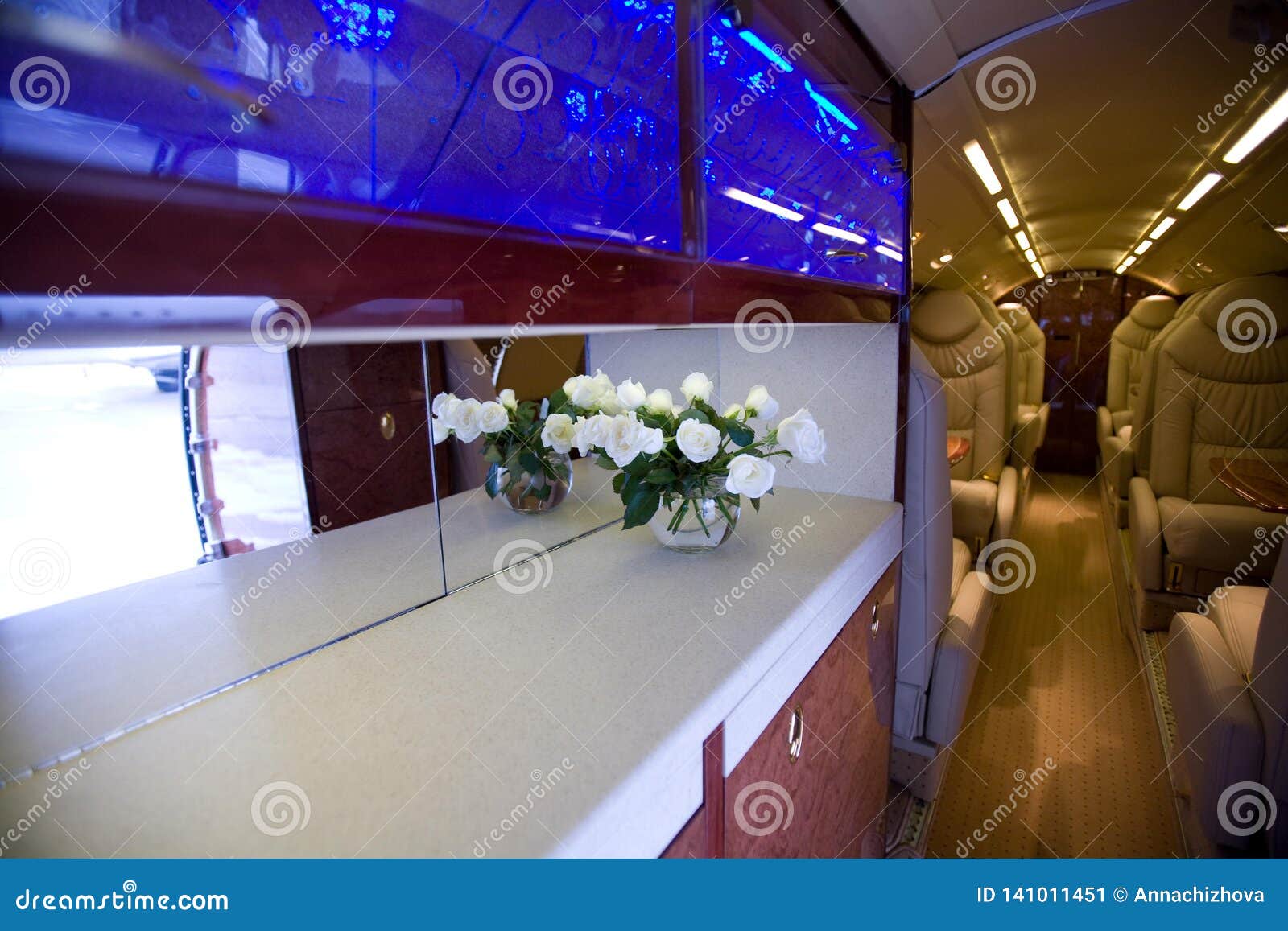 Luxury Interior of Kitchen in the Modern Private Business Jet Stock