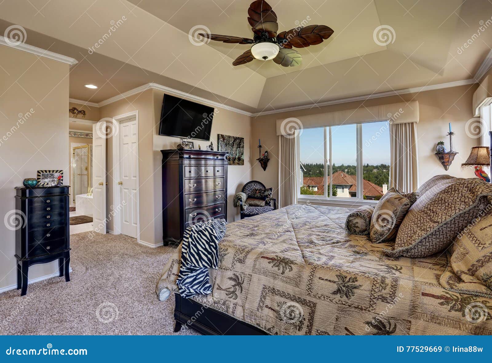 Luxury Interior Of Master Bedroom With Black Furniture Stock Image