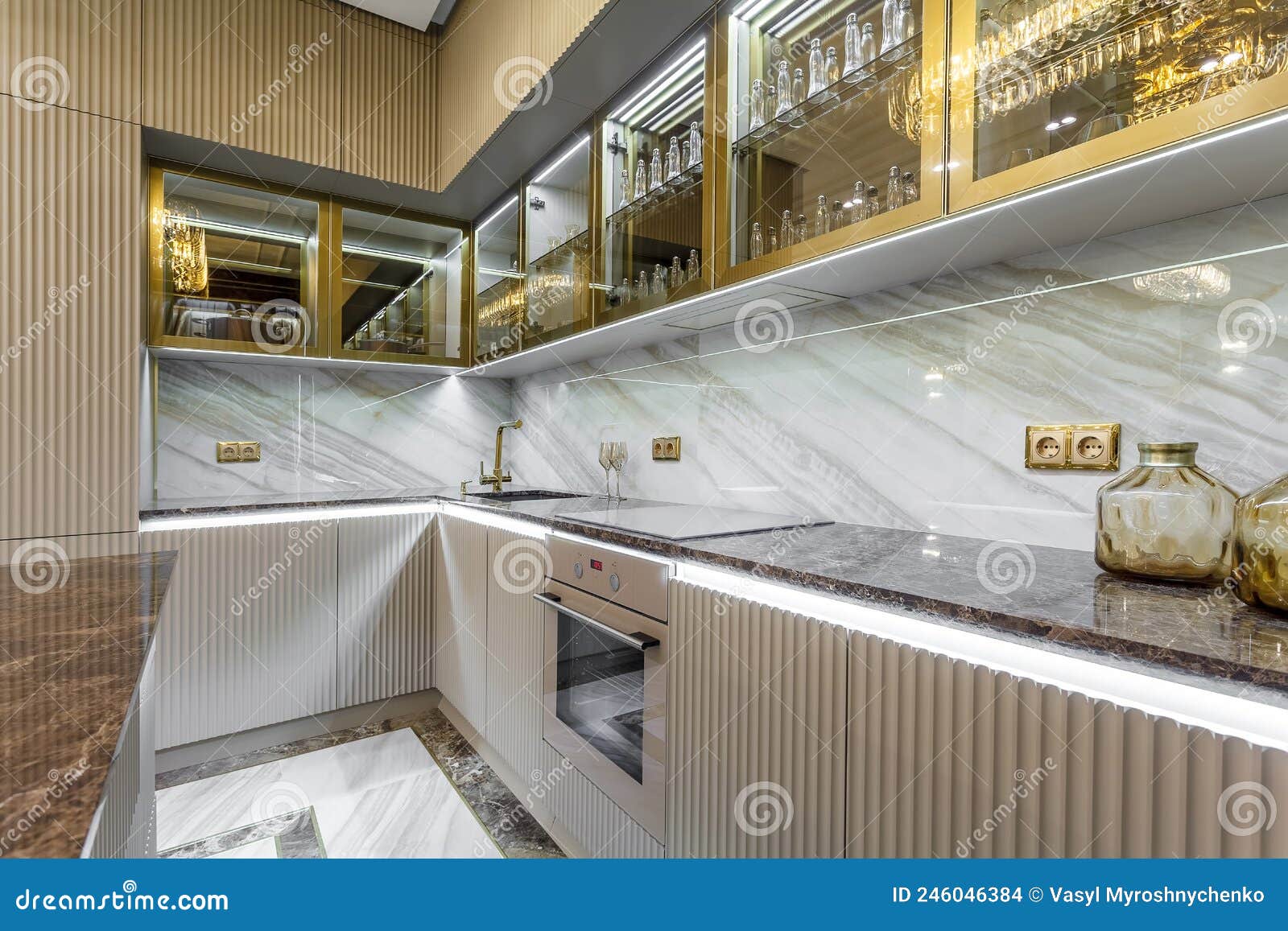 Luxury Kitchen Design, Italian Marble and Granite Countertop Stock