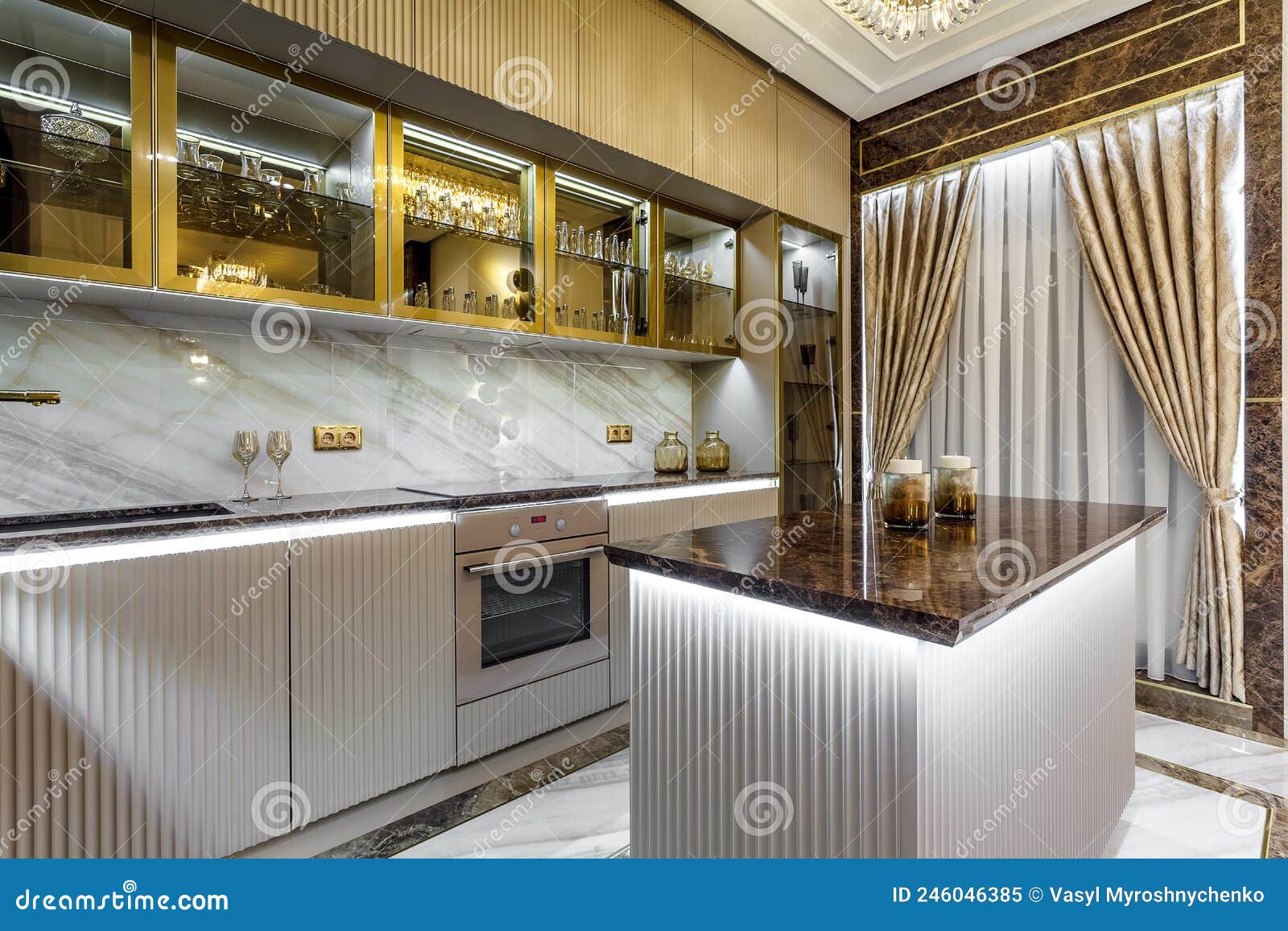 Luxury Kitchen Design, Italian Marble and Granite Countertop Stock