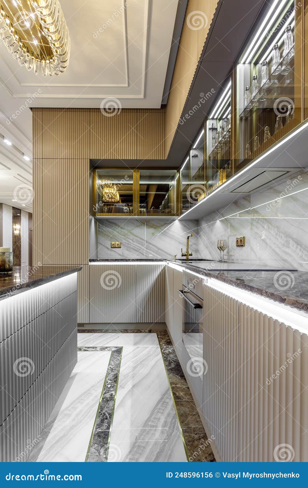 Luxury Kitchen Design, Italian Marble and Granite Countertop Stock