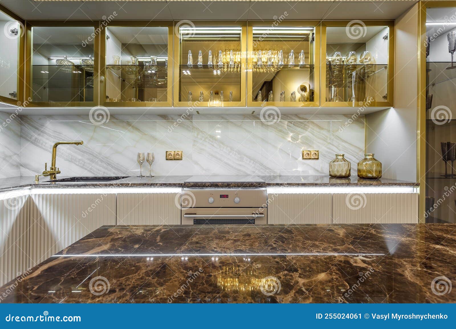 Luxury Kitchen Design, Italian Marble and Granite Countertop Stock