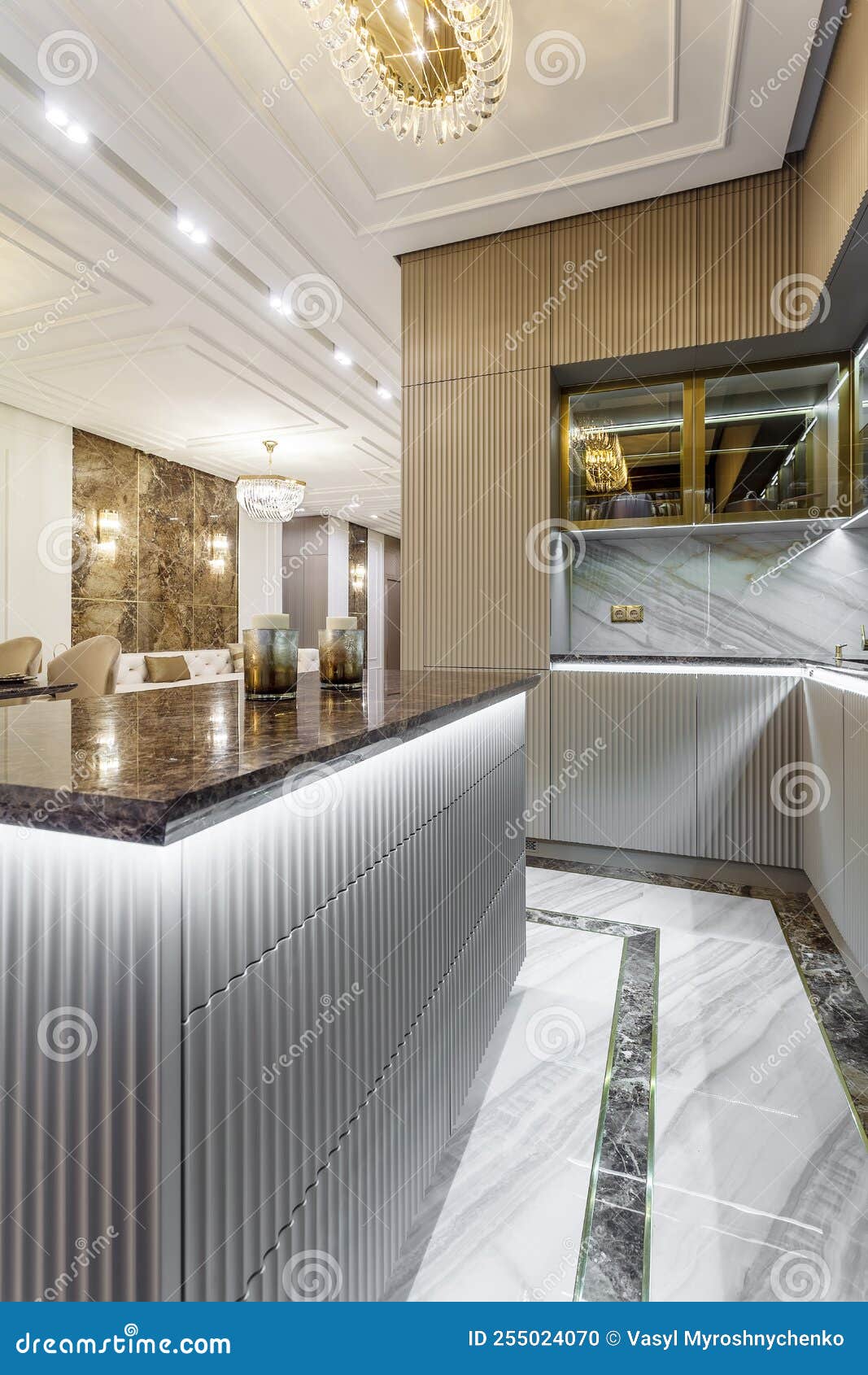 Luxury Kitchen Design, Italian Marble and Granite Countertop Stock