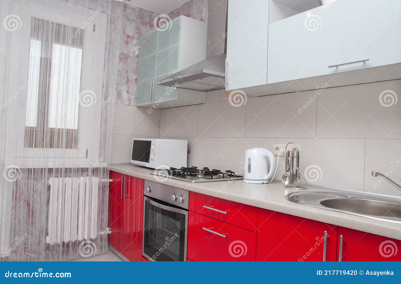 Luxury Kitchen in Red and White Stock Photo Image of oven, chair
