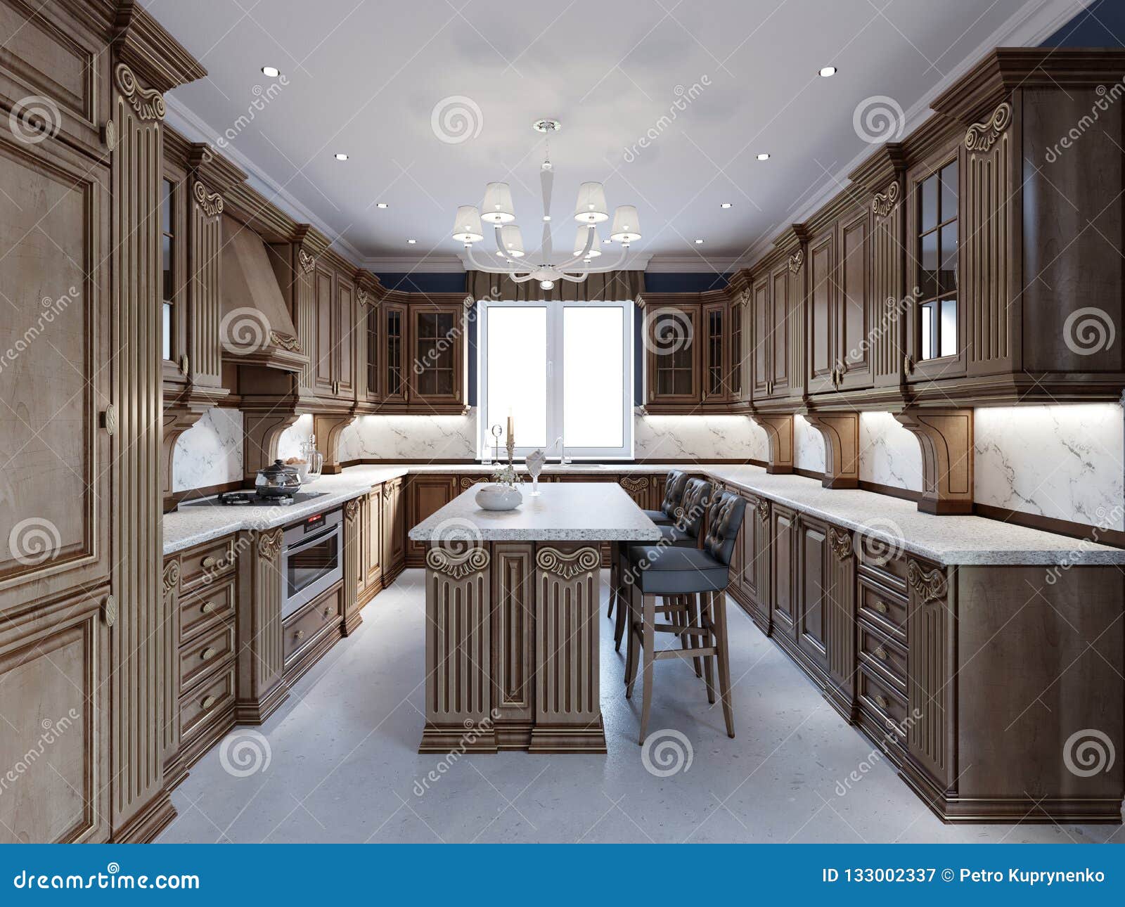 Luxury Kitchen With Tile Floor Stained Cabinets And Marble