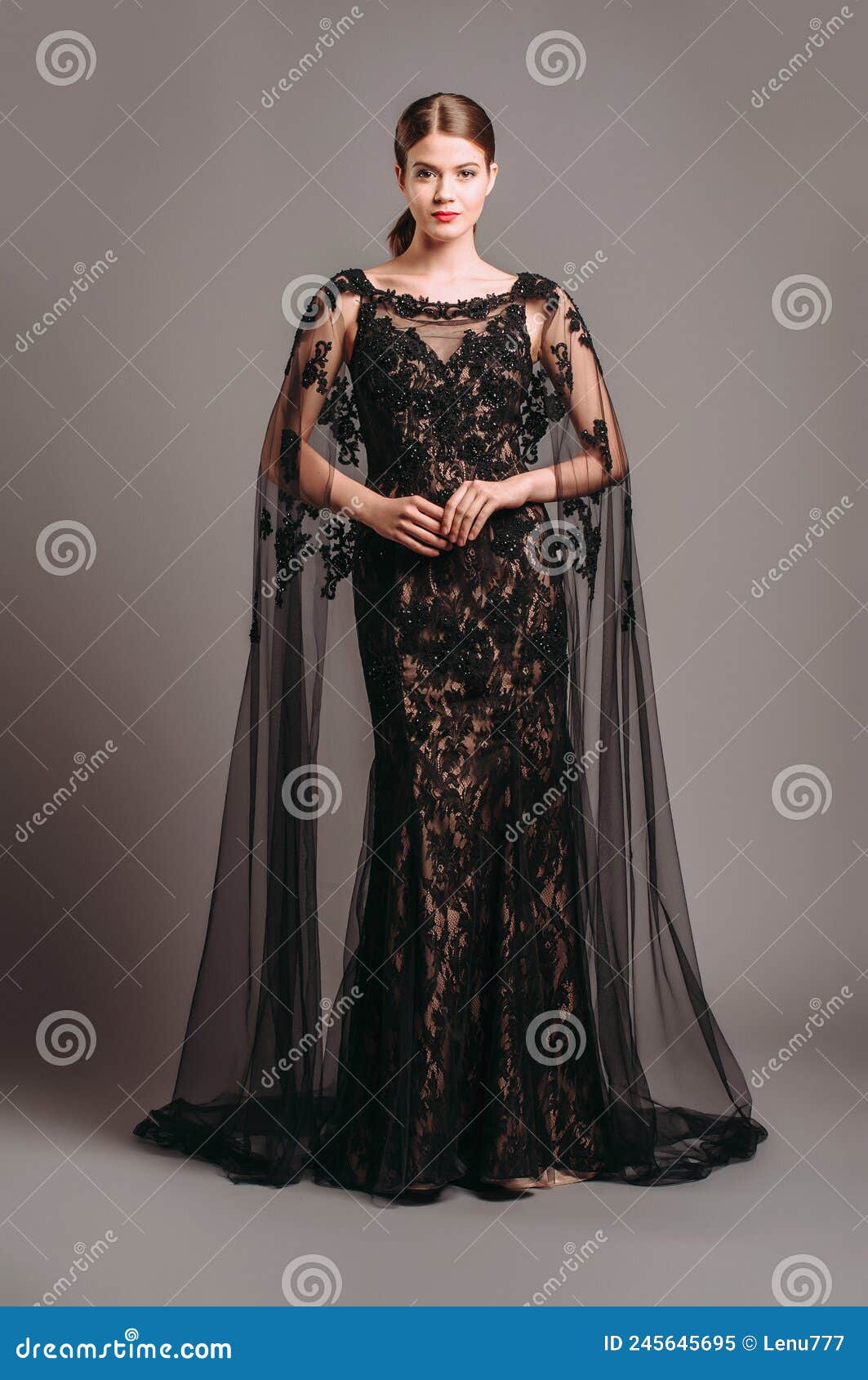 Full Sleeves Lace Dark Navy Evening Gown with Long Train – loveangeldress