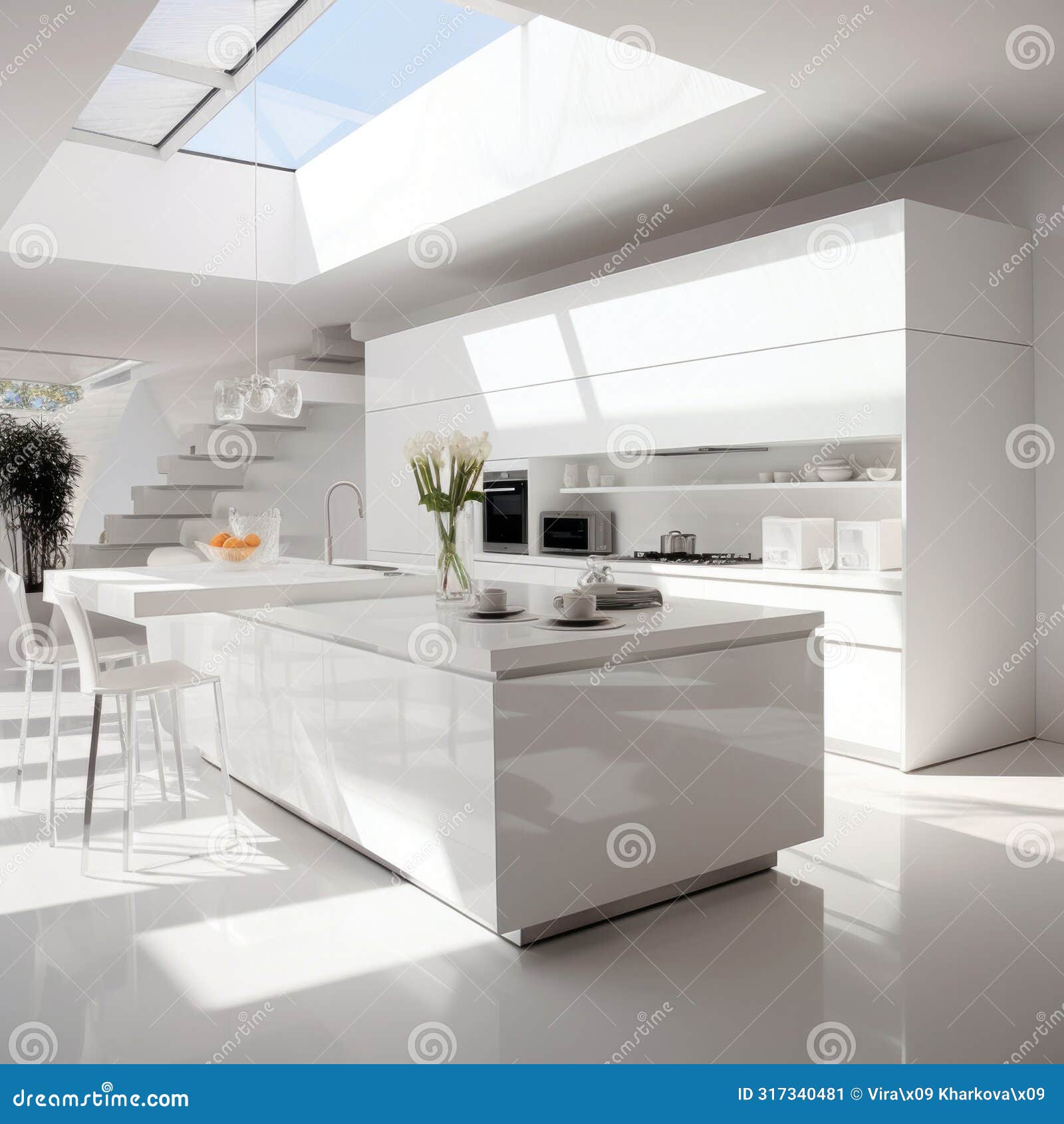 Luxury Large Modern White Kitchen Interior Stock Illustration