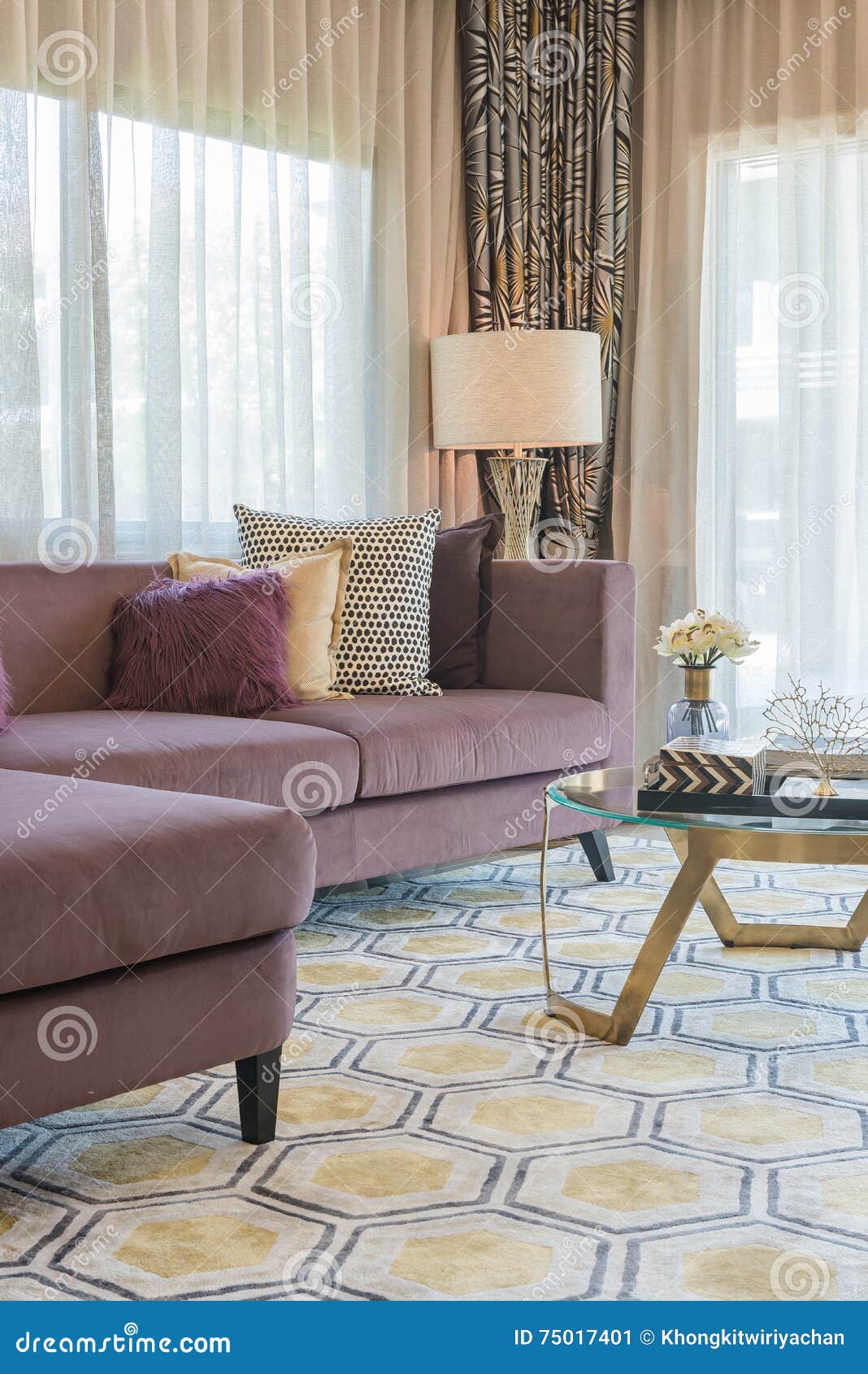 Luxury Living Room Design with Purple Sofa Stock Image Image of