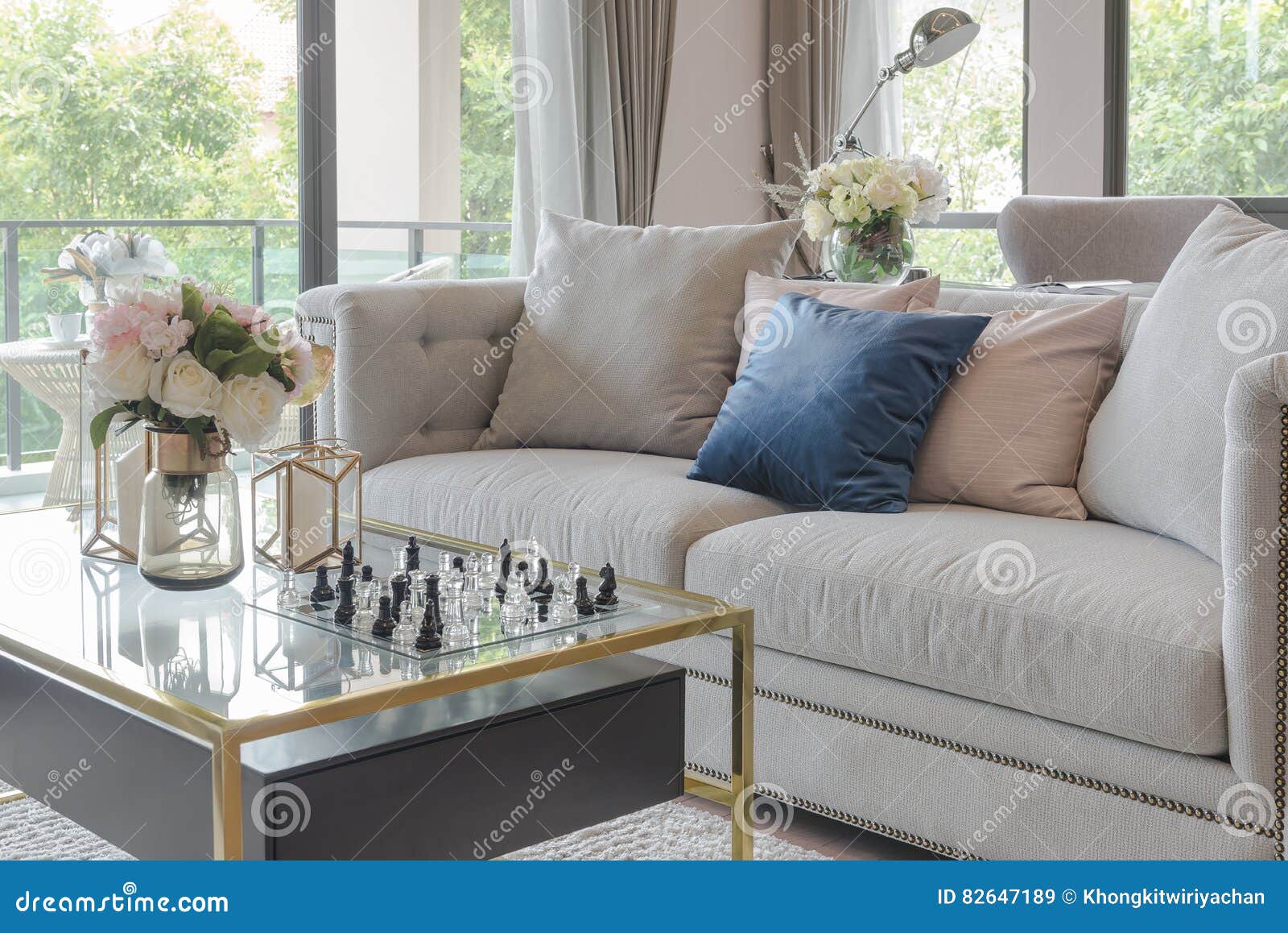 Luxury Living Room With Elegant Sofa And Set Of Pillows Stock Image - Image  Of Comfortable, Curtain: 82647189