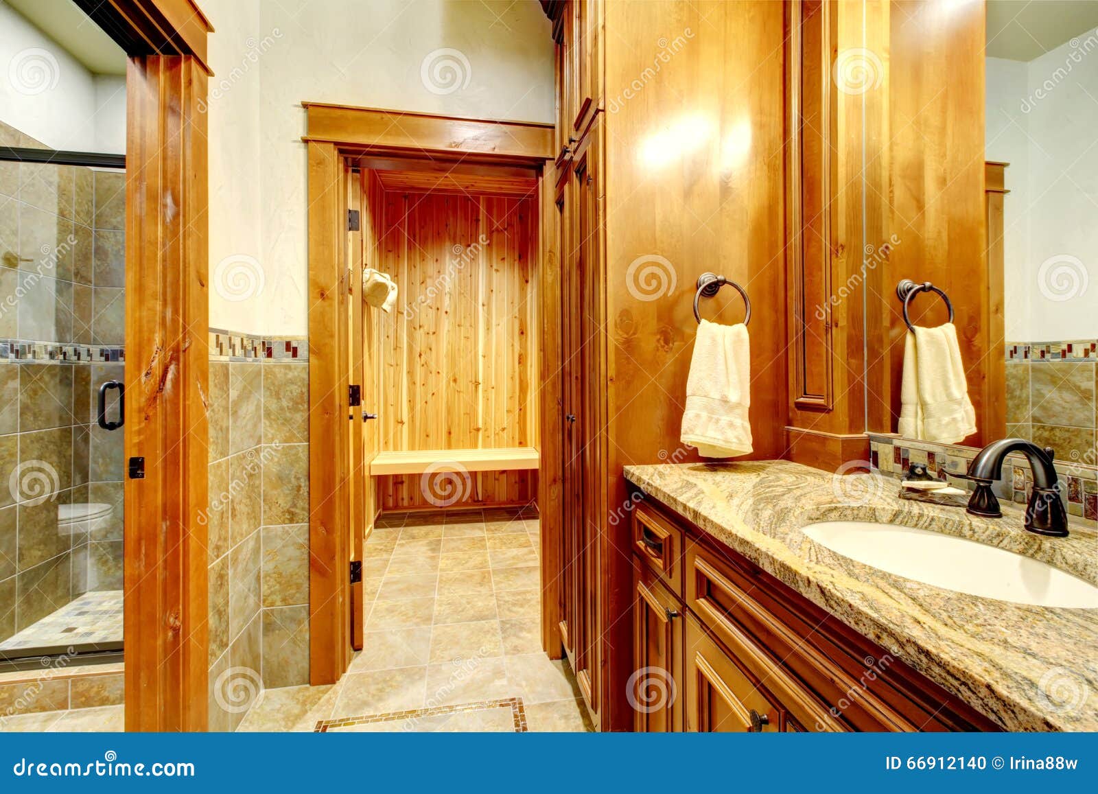 Luxury Master Bathroom with a Sauna. Stock Photo - Image of design ...