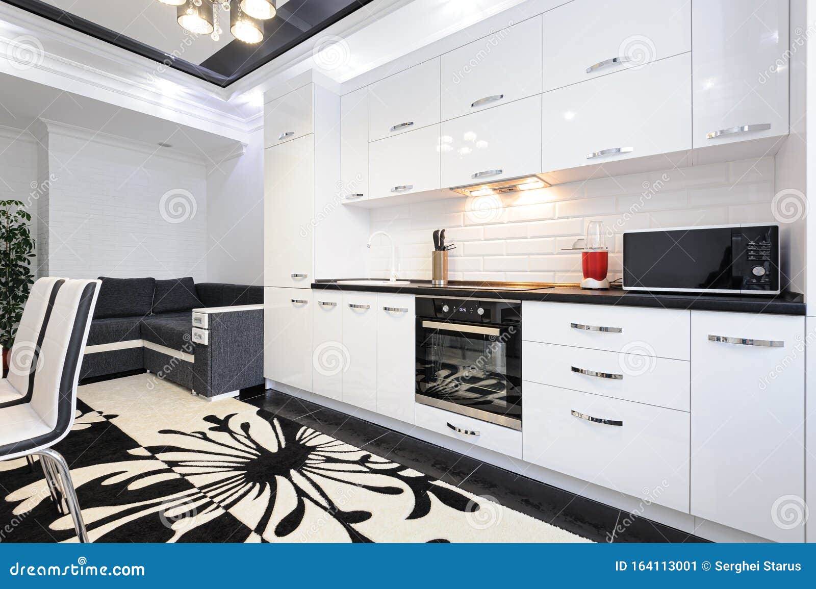 Luxury Modern Black and White Kitchen Interior Stock Image - Image of