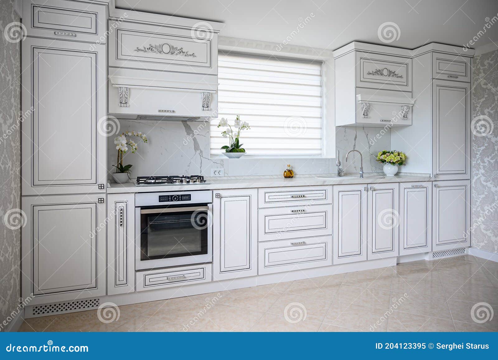 Luxury Modern Classic White Kitchen Interior Stock Image - Image of