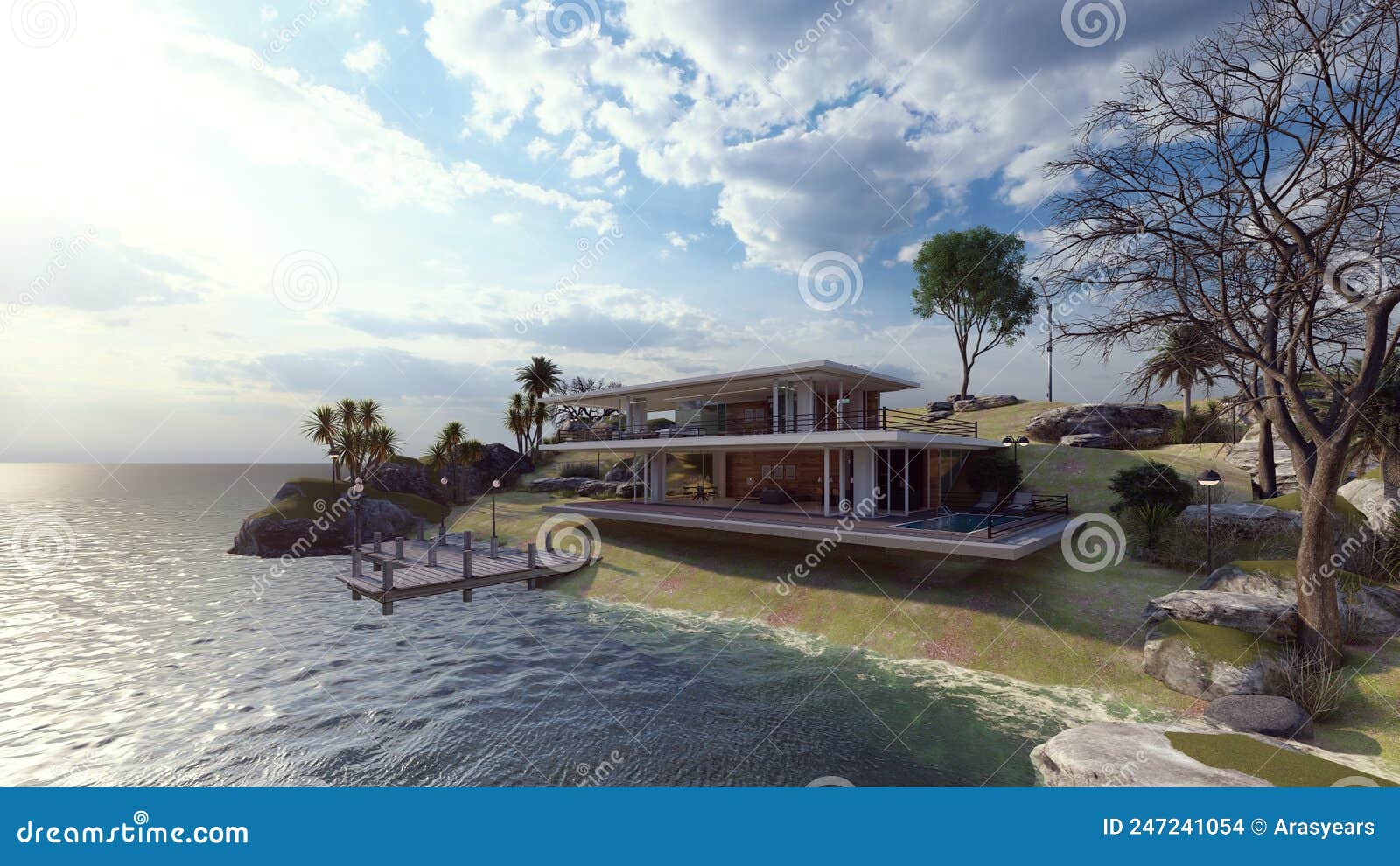 Luxury Modern House in the Beach Elevation View from the Sea 3d