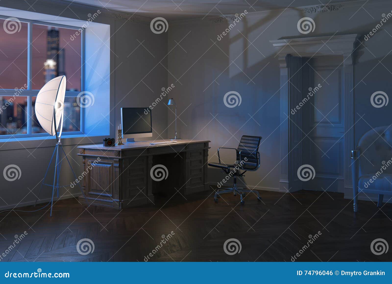 Luxury Modern Office Cabinet in Night Time. 3d Render. Stock Photo ...