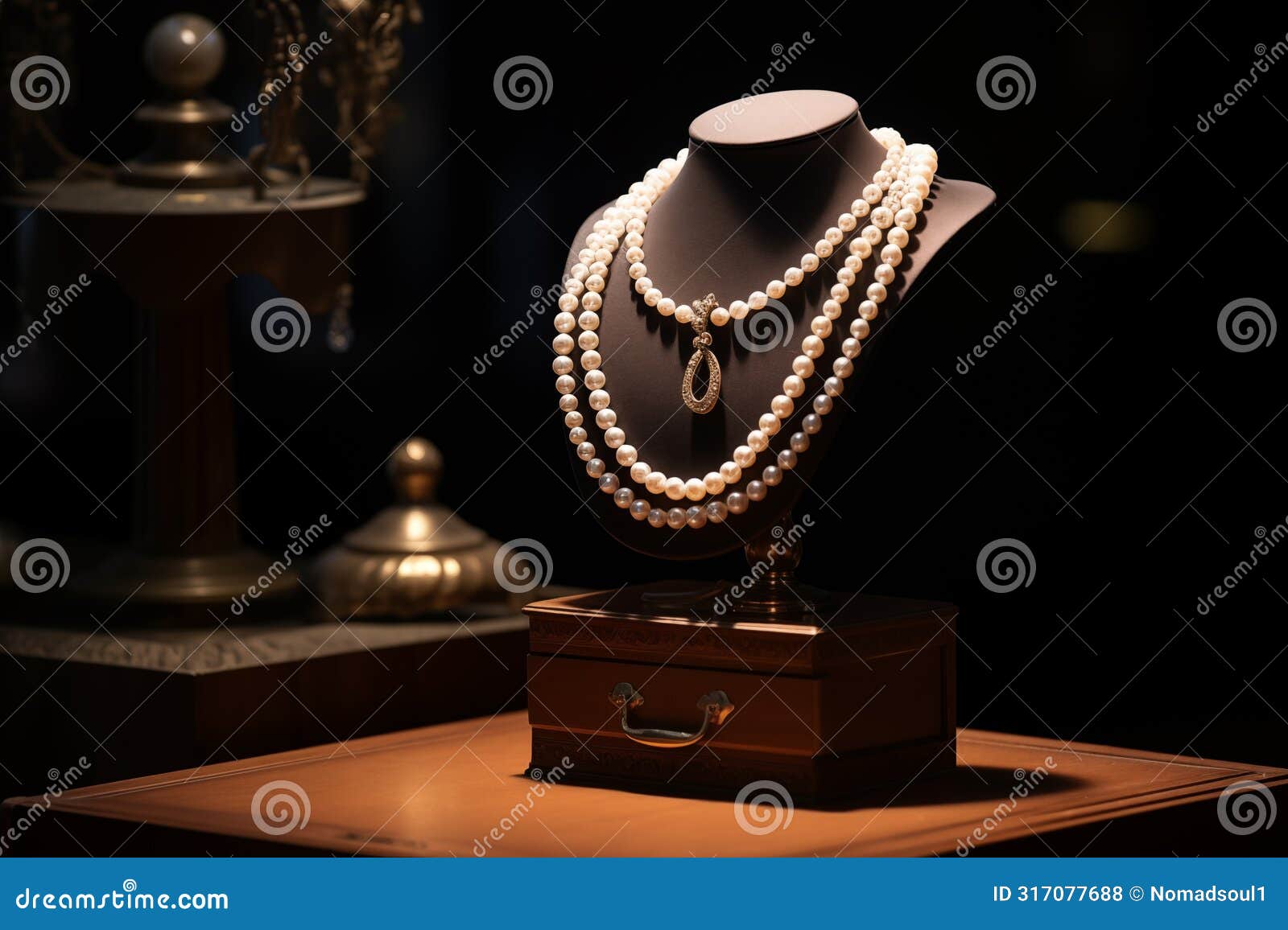 luxury pearl necklace displayed on velvet jewelry stand. generative ai