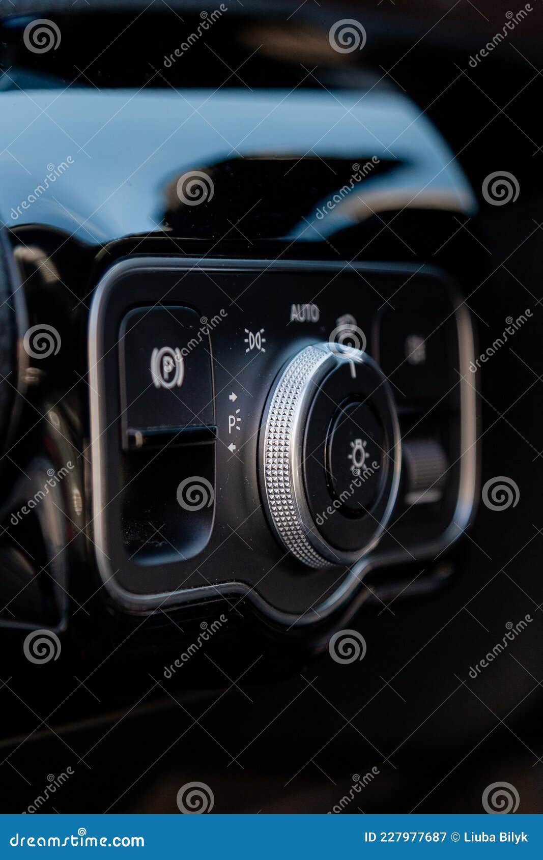 Luxury Race Car Interior. AMG. Turn Auto on Light Switch in Car. Stock