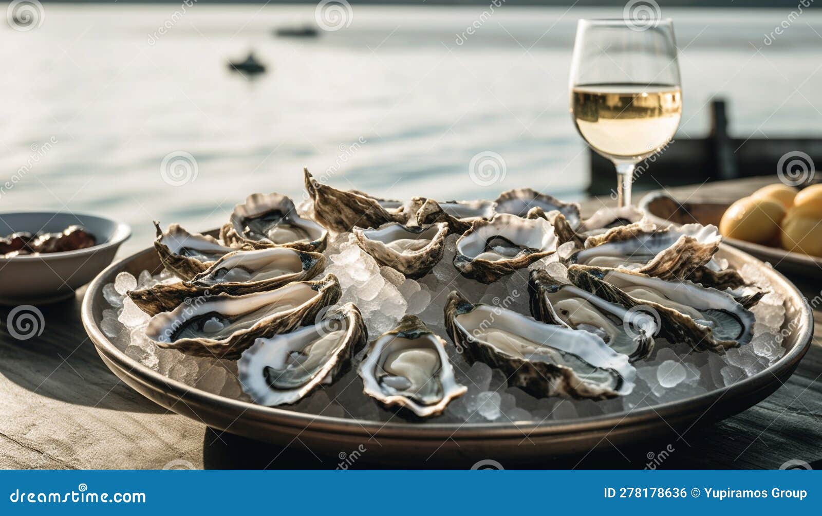 Luxury Seafood Plate with White Wine Refreshment Generated by AI Stock