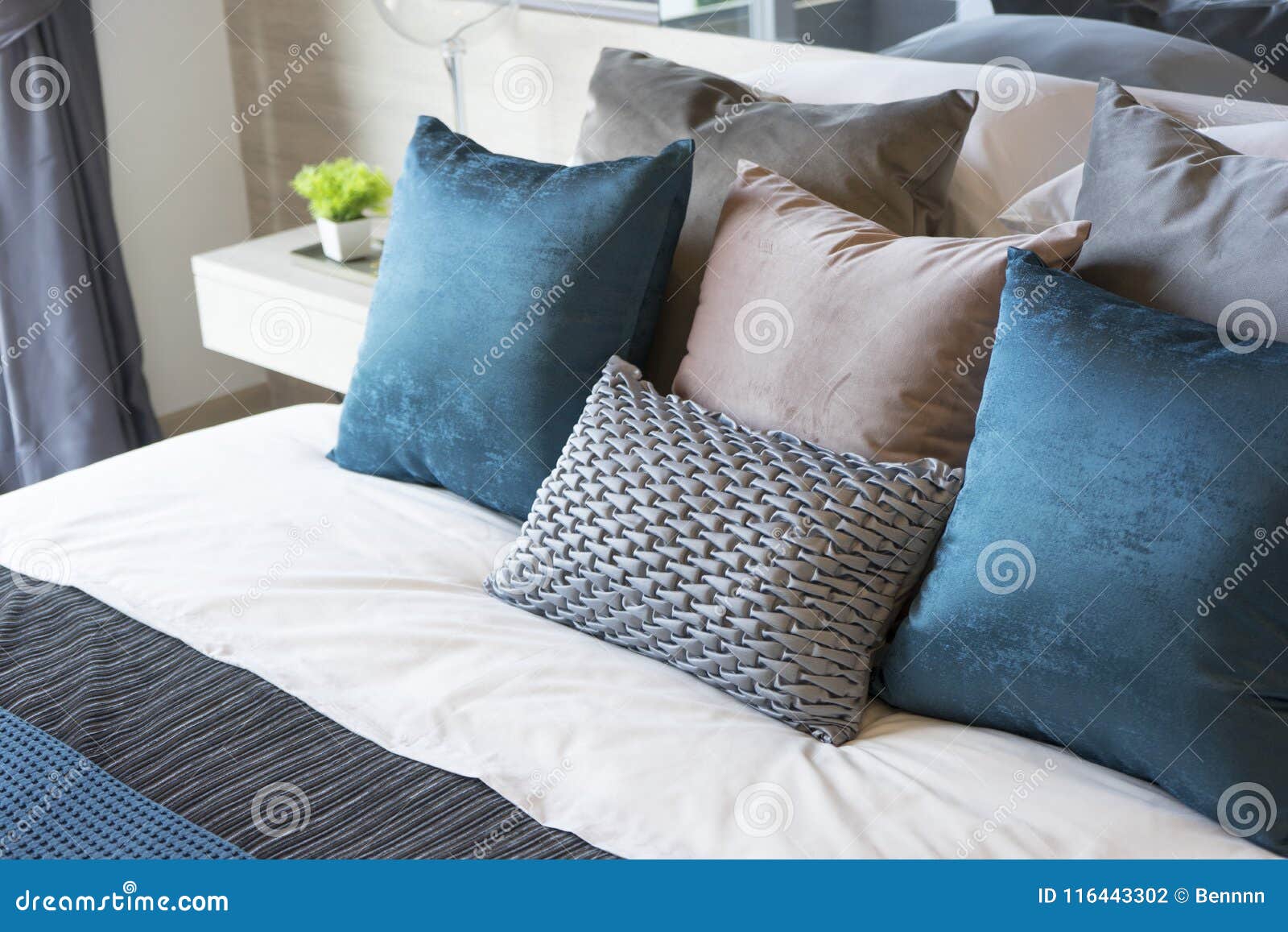Luxury Set of Blue and Gray Pillows on Bed Stock Photo Image of