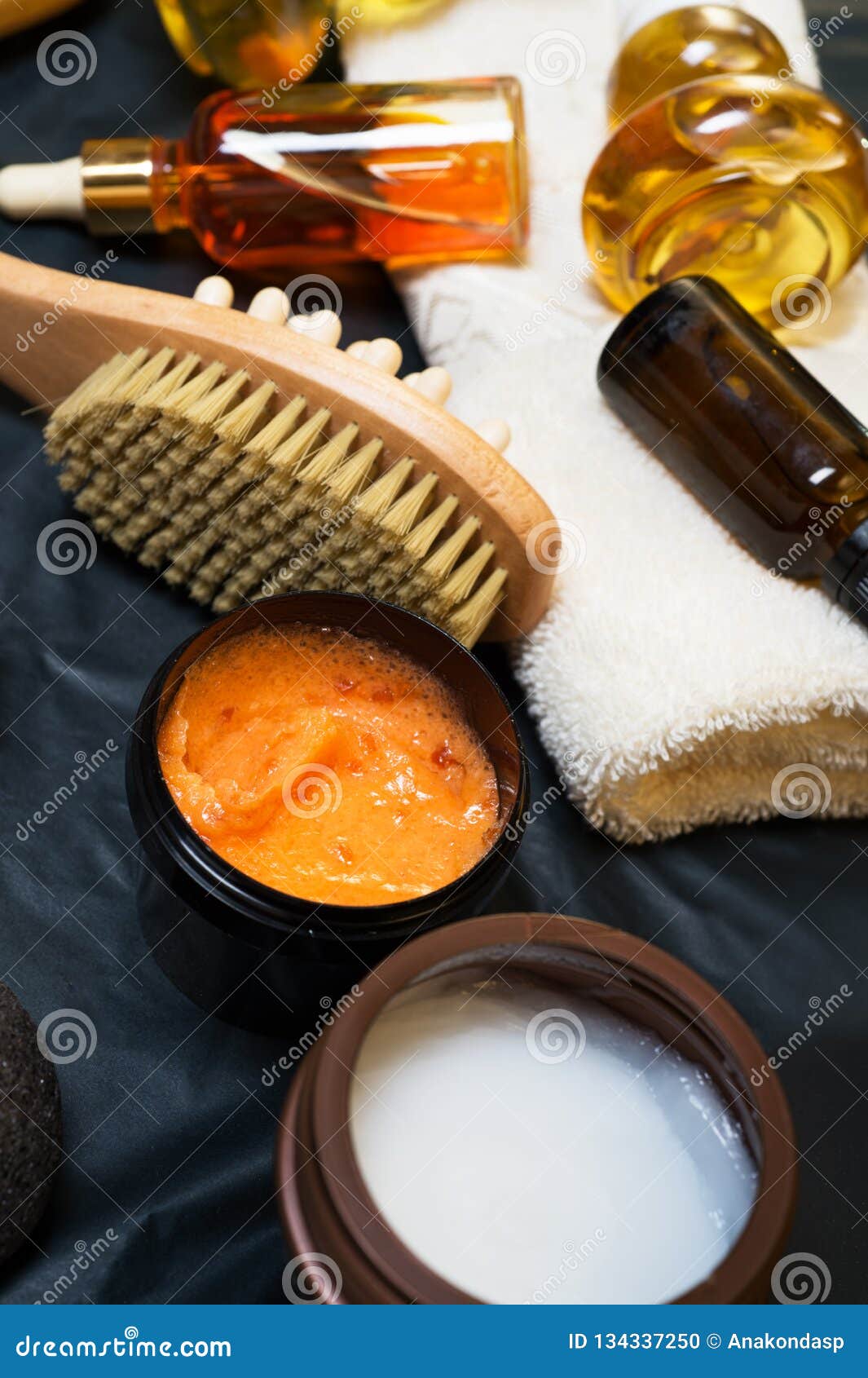 Luxury Set of Spa Products with Accessoires on Black Background Stock