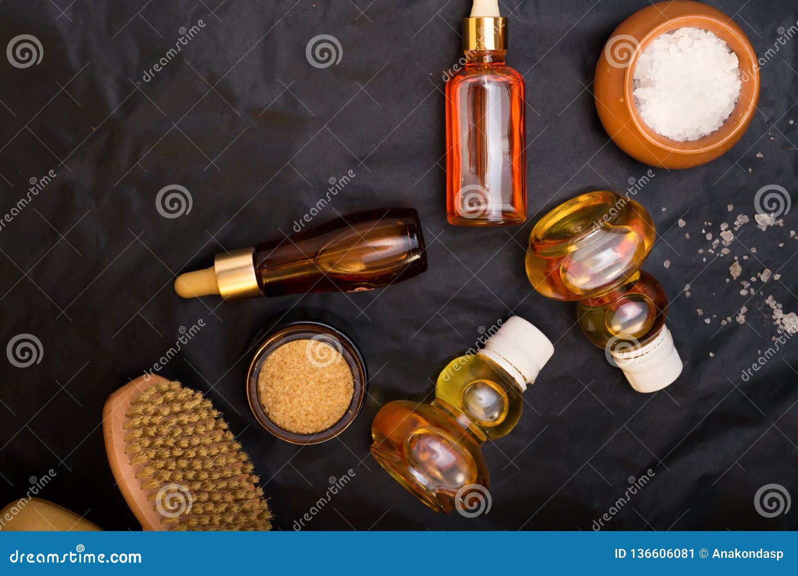 Luxury Set of Spa Products with Accessoires on Black Background Stock
