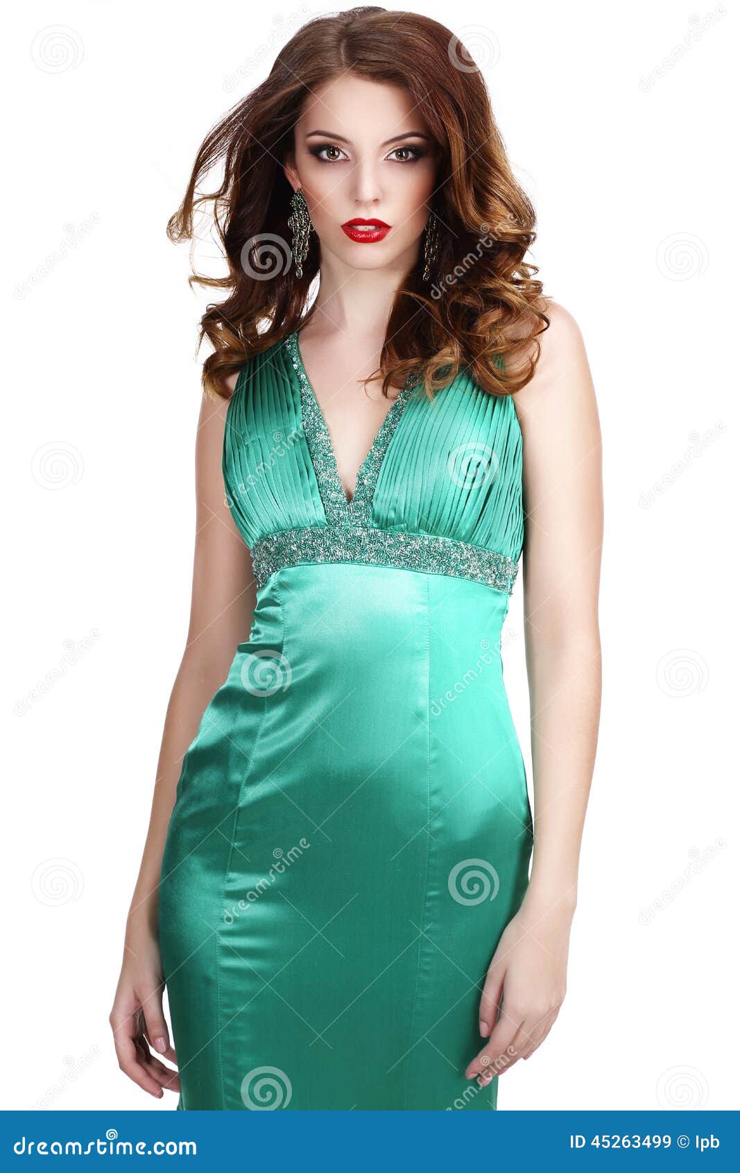 Luxury. Shapely Woman In Silky Sleeveless Classic Dress 