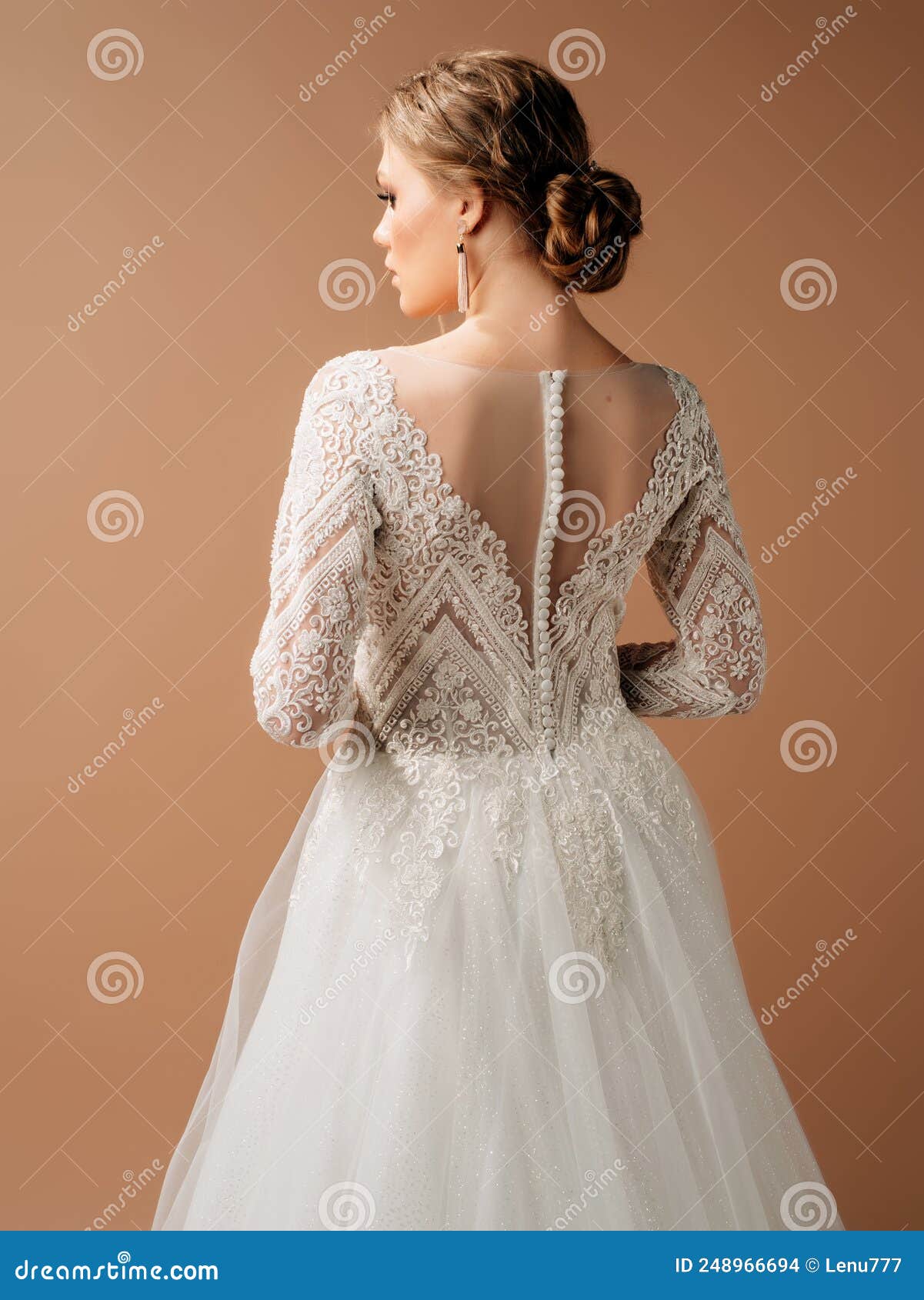 Luxury Shiny Lace Wedding Dress. Summer Backless Long Sleeve Bridal Gown  with Tulle Skirt Stock Photo - Image of backless, hairstyle: 248966694