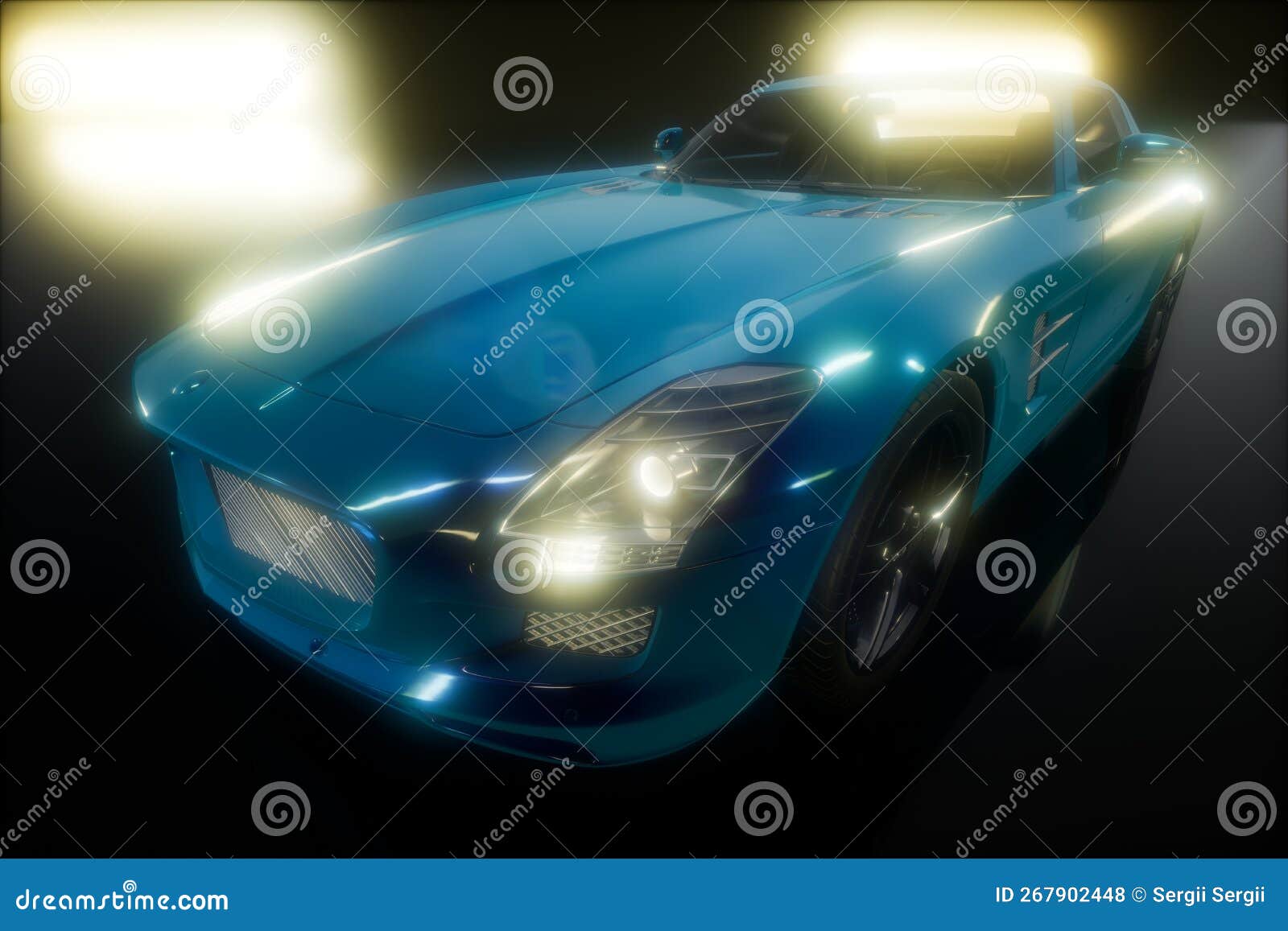 Luxury Sport Car in Dark Studio with Bright Lights Stock Photo Image