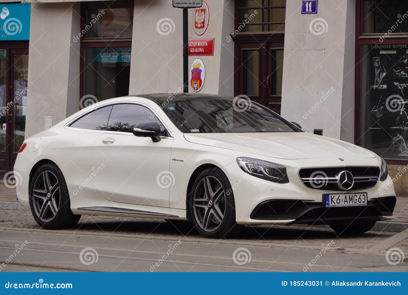 Luxury Sport Car Mercedes Benz C Class C63 Amg Coupe W5 White Color Parking On City Street Krakow Poland 19 02 Editorial Photo Image Of Radiator Auto