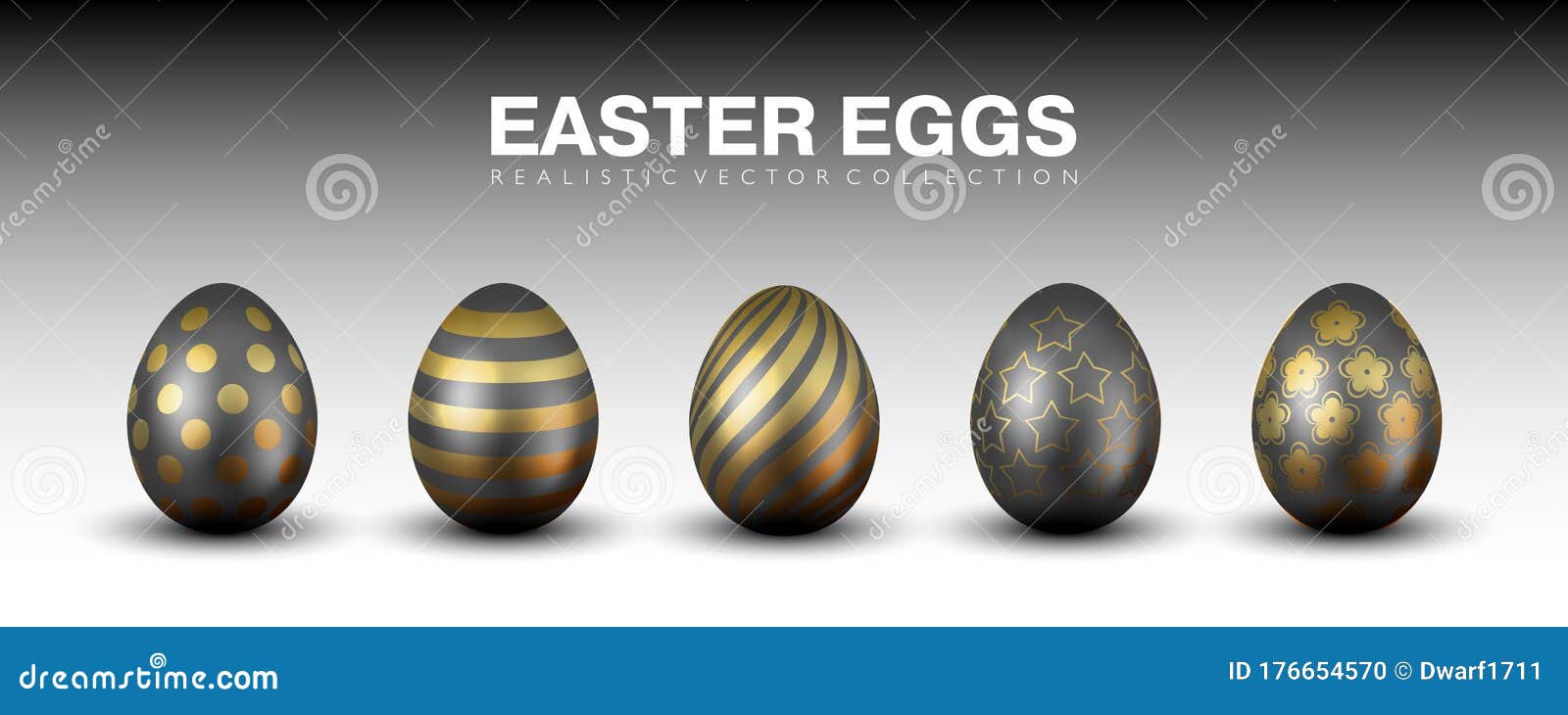 Luxury stylish matte black realistic 3D easter eggs vector collection with different golden ornaments 