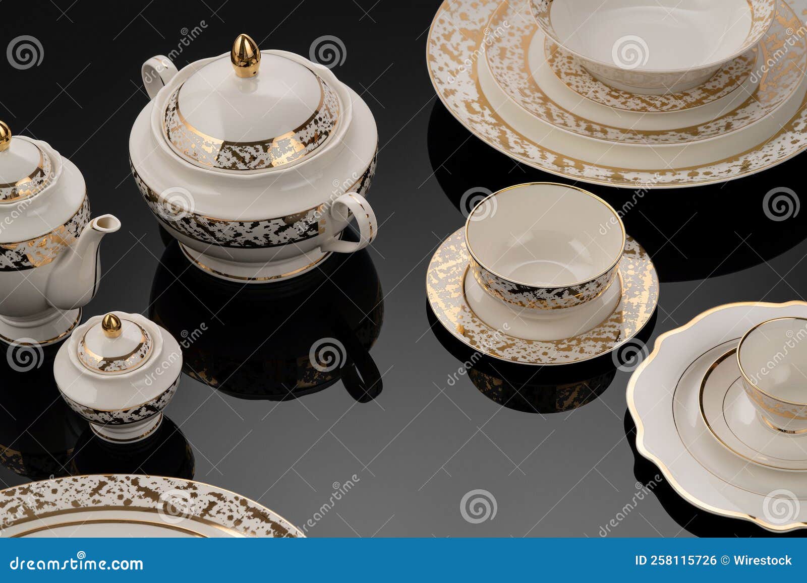 Luxury Tableware Set on Black Reflective Surface Stock Photo Image of