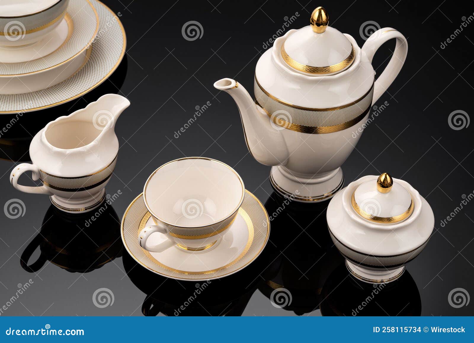 Luxury Tableware Set on Black Reflective Surface Stock Photo Image of