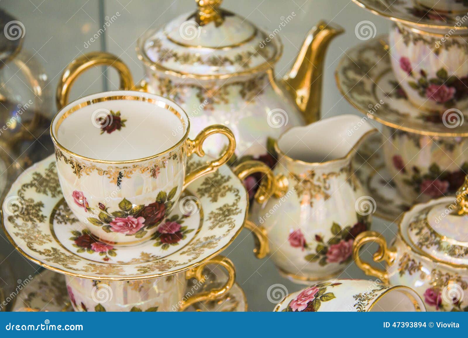 Luxury Tea Set with Painted Roses Stock Photo Image of chech, fork