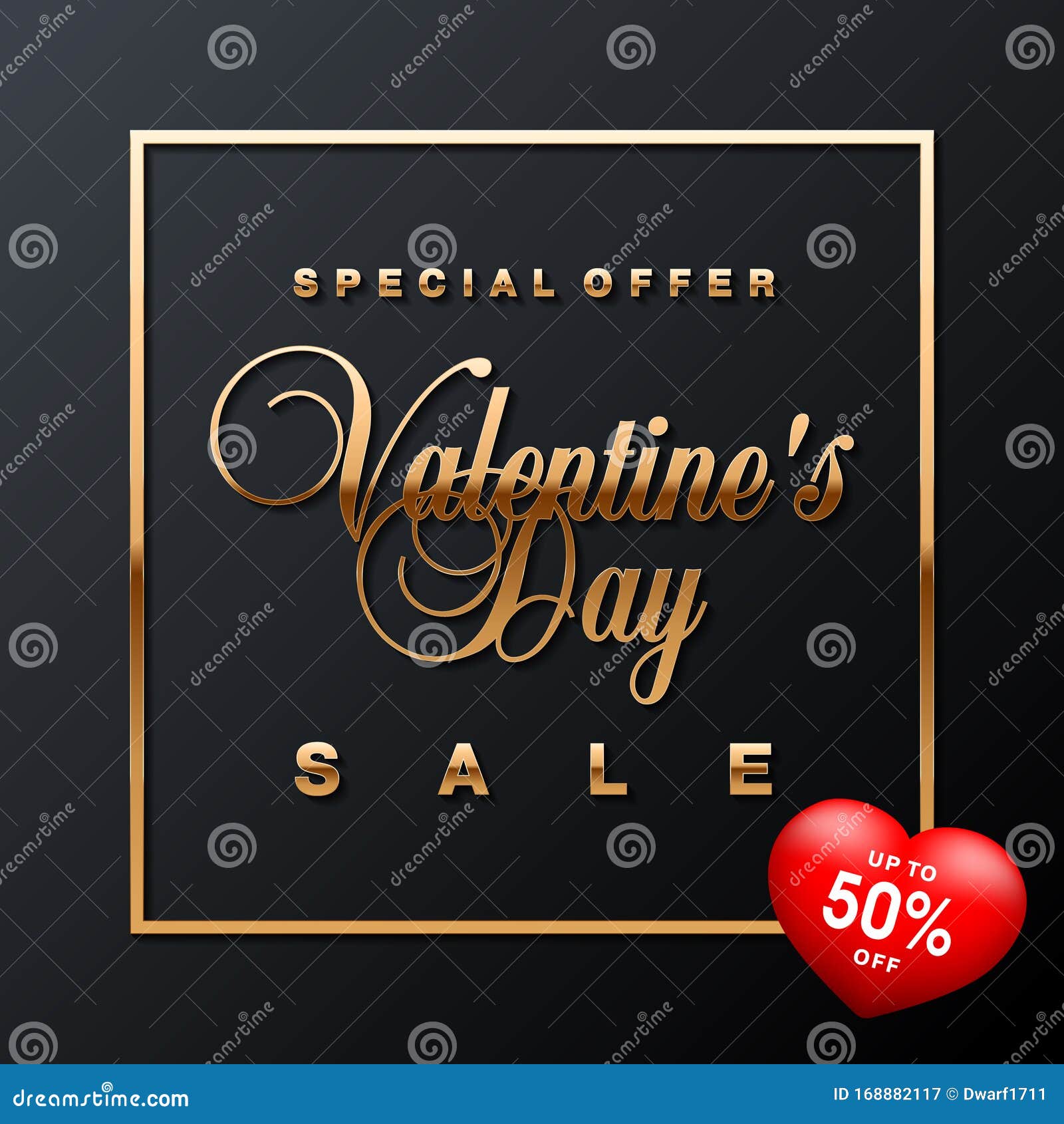 Luxury Valentines Day sale special offer, discount, advertising campaign square vector banner, flyer, poster, voucher, social network post template with golden text on black background with red heart with discount 