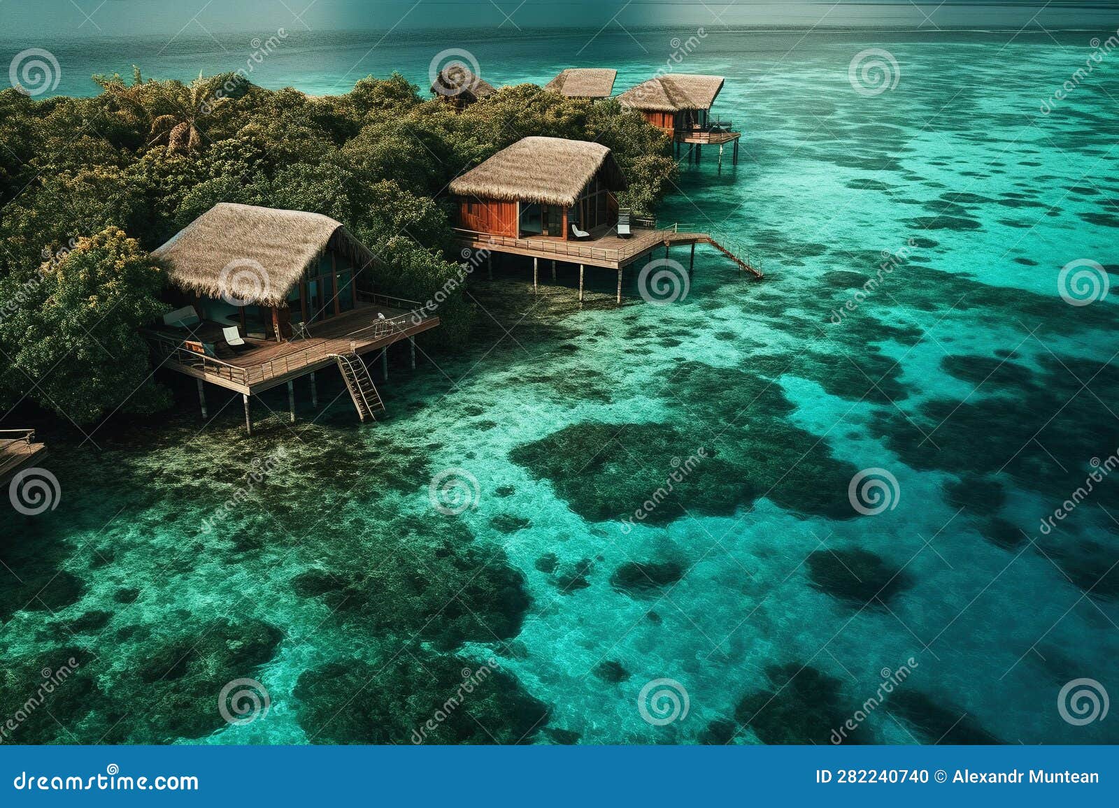 Luxury Water Villas Resort and Wooden Pier, Vacation Time. Stock Photo ...