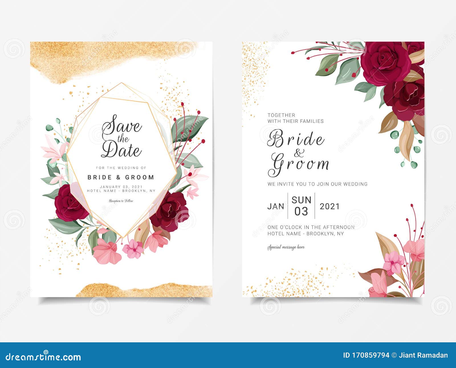 Luxury Wedding Invitation Card Template Set with Geometric Floral Frame and  Gold Glitter Decoration. Red Roses Flowers Background Stock Vector -  Illustration of floral, hand: 170859794