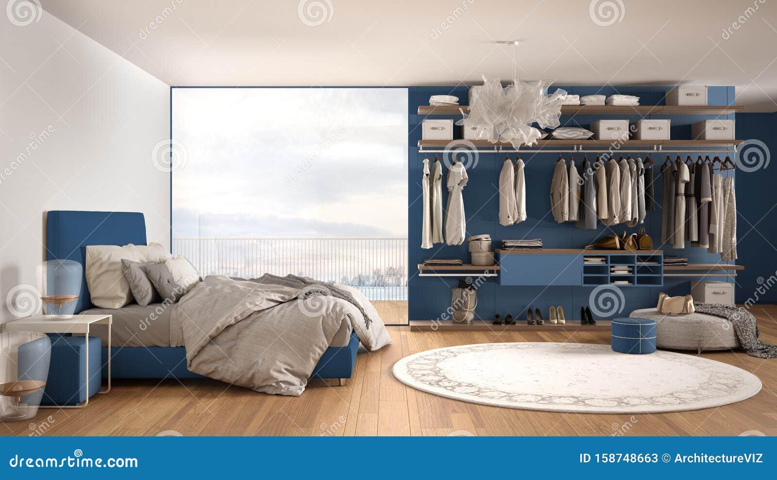 Luxury White And Blue Modern Bedroom With Double Bed And