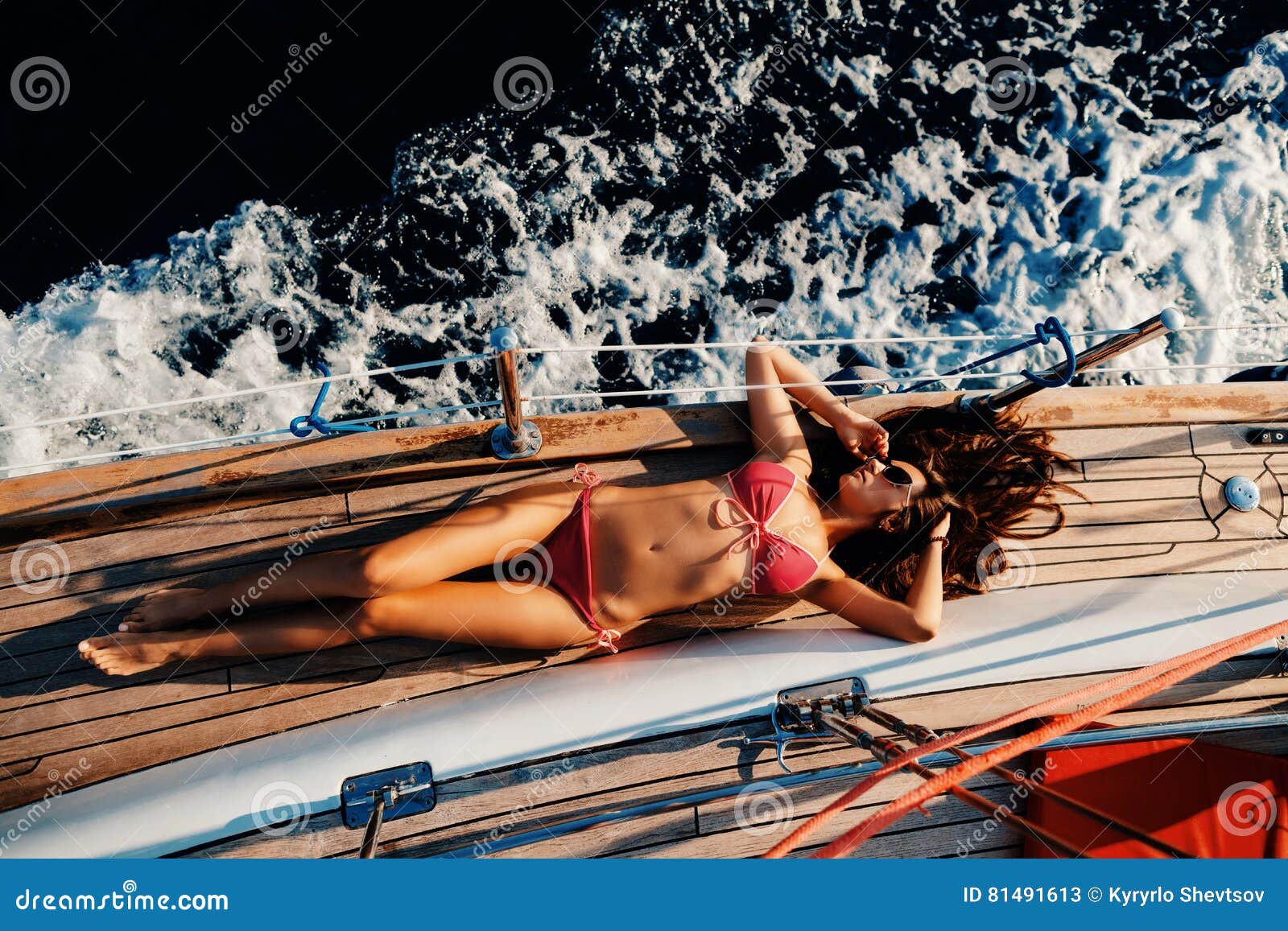 luxury woman yachting in sea top view
