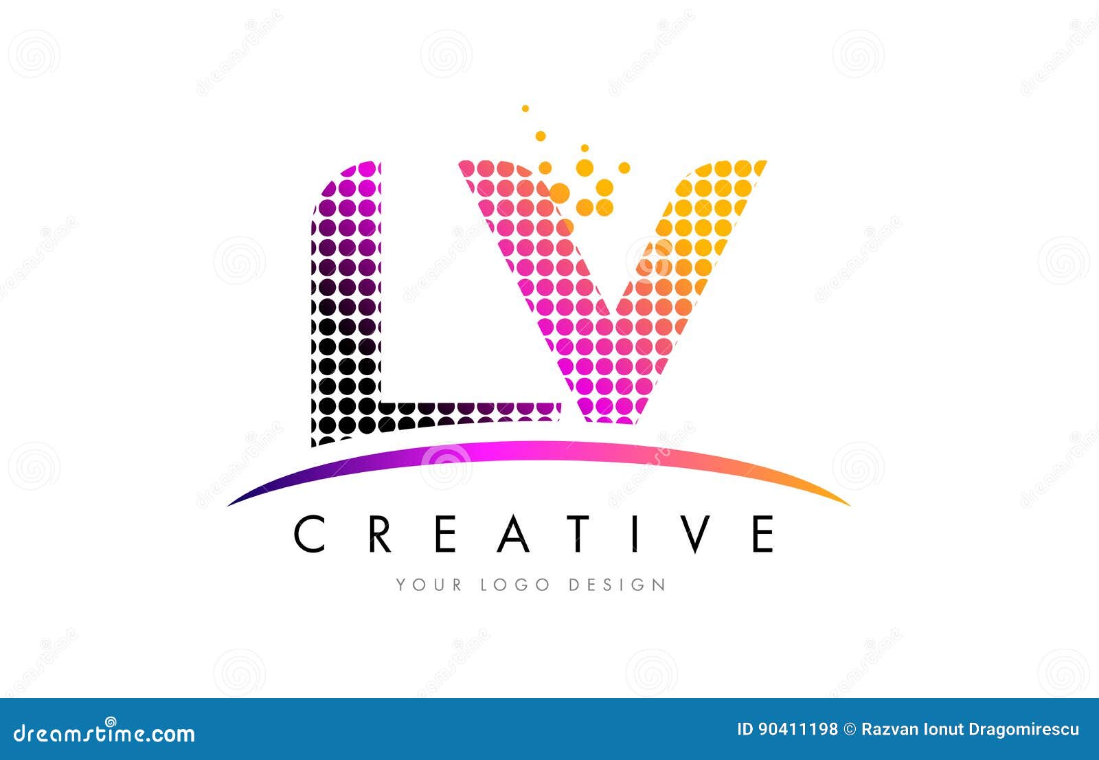 LV L V Letter Logo Design with Magenta Dots and Swoosh Stock