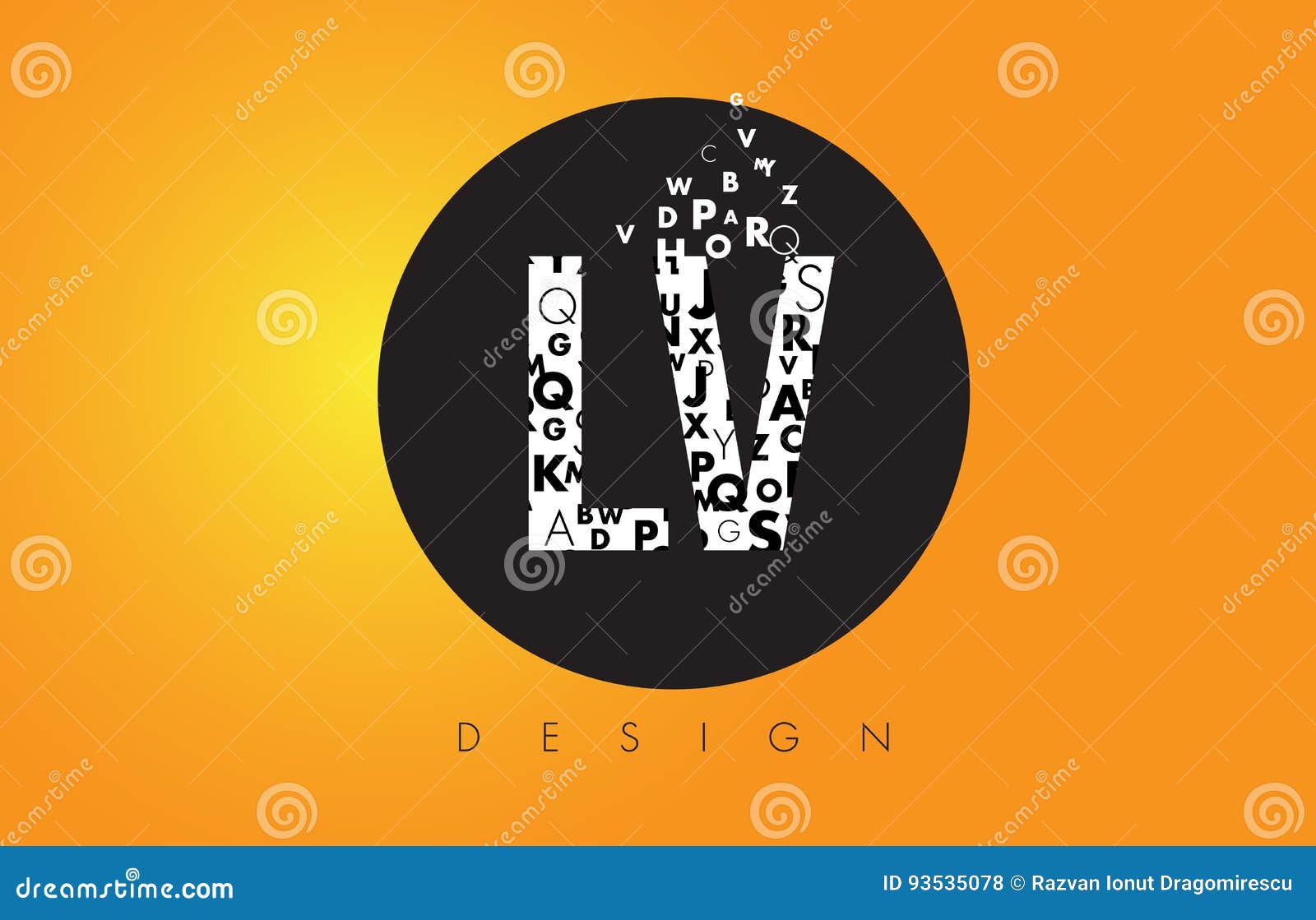 LV L V Logo Made of Small Letters with Black Circle and Yellow B Stock  Vector - Illustration of sign, modern: 93535078