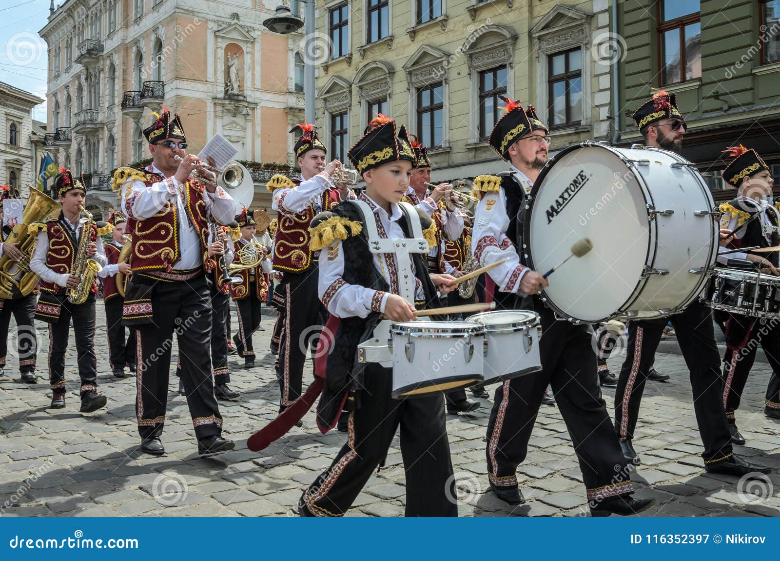 LVIV UKRAINE MAY 2022 A Brass Band  With Drums  In 