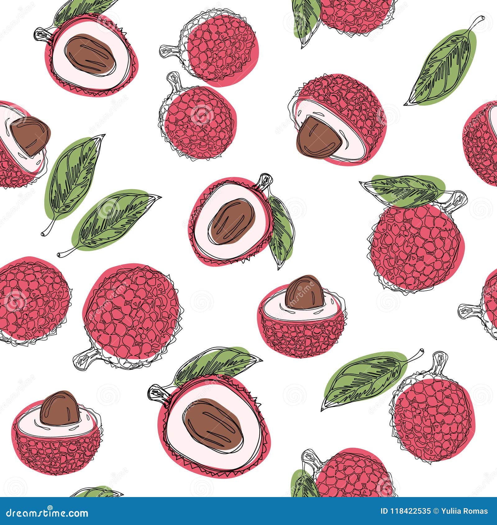 Lychee Fruit Hand Draw Graphic Color Seamless Pattern. Continuous Line