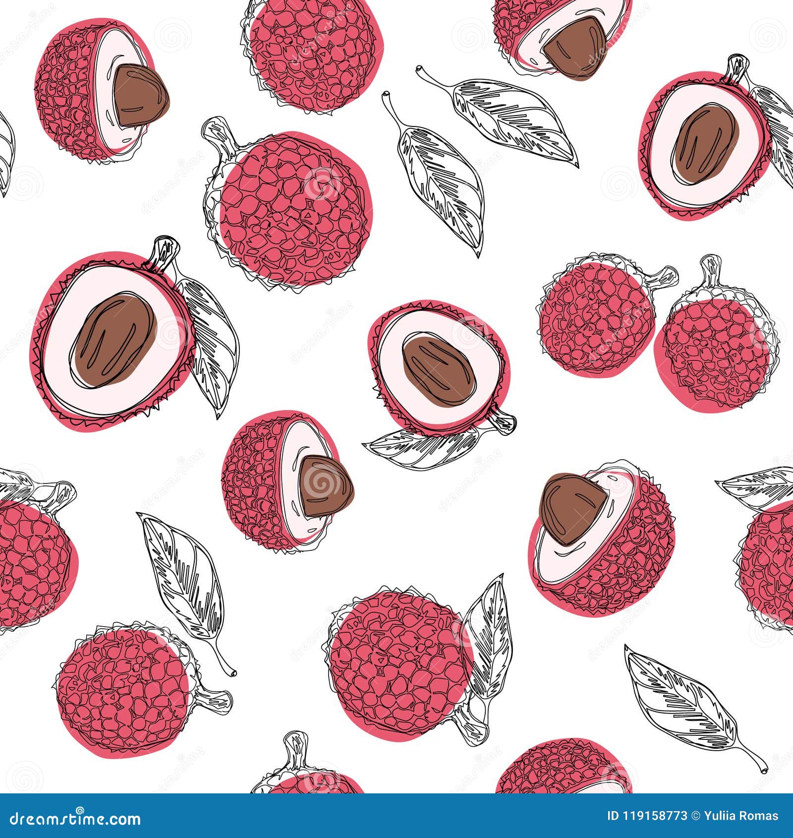 Download Lychee Fruit Hand Draw Graphic Color Seamless Pattern. Continuous Line Hand Drawn Illustration ...