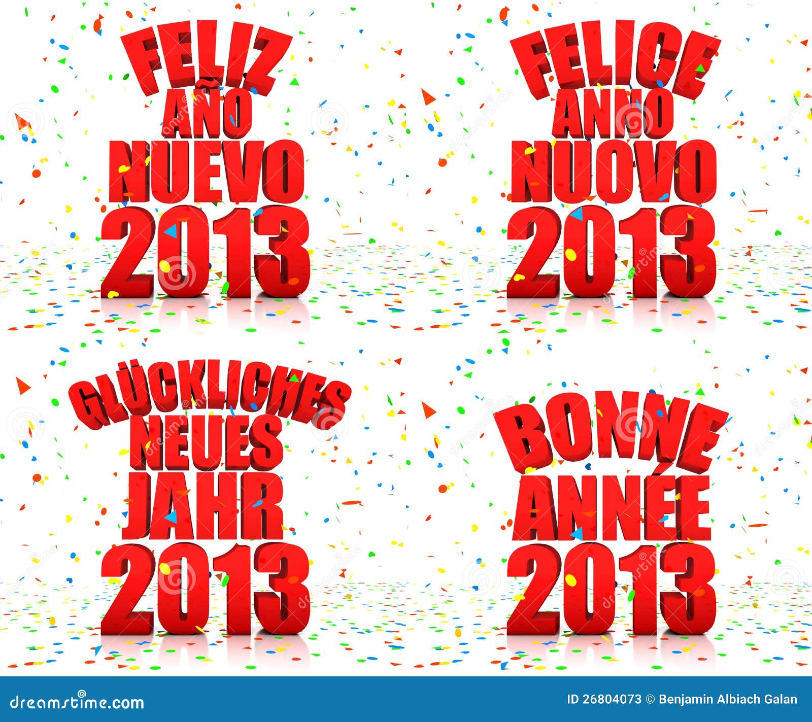 Lyckligt nytt år 2013 i olika språk. 3D framför av det lyckliga nya året för text i fyra språk (spanjor, italienare, tysk och franskan)