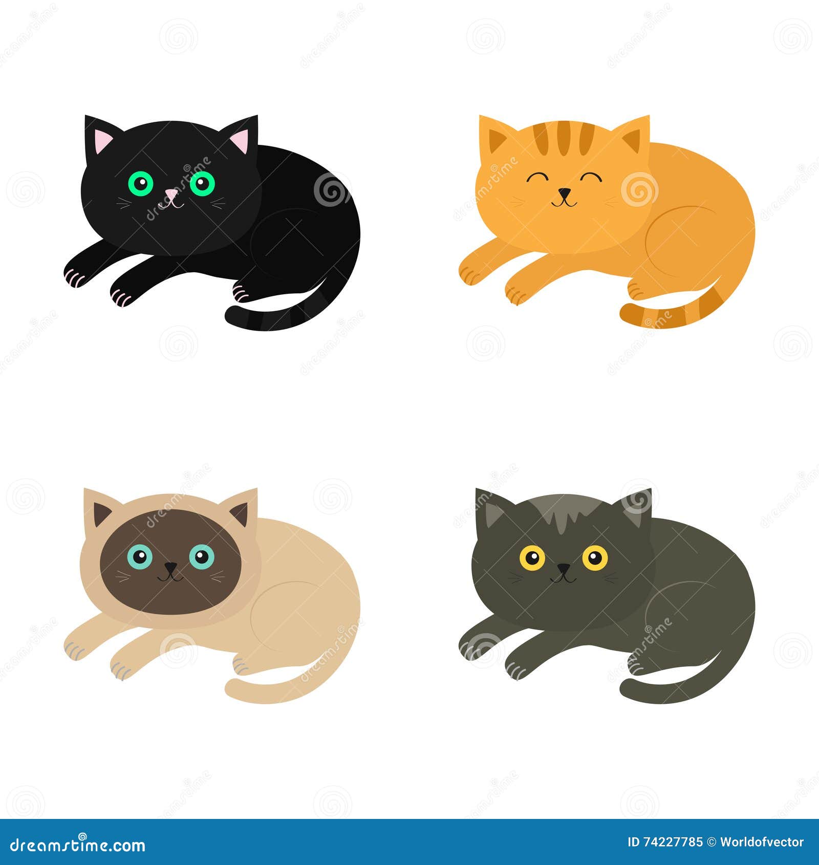 Lying Cat Icon Set. Siamese, Red, Black, Orange, Gray Color Cats