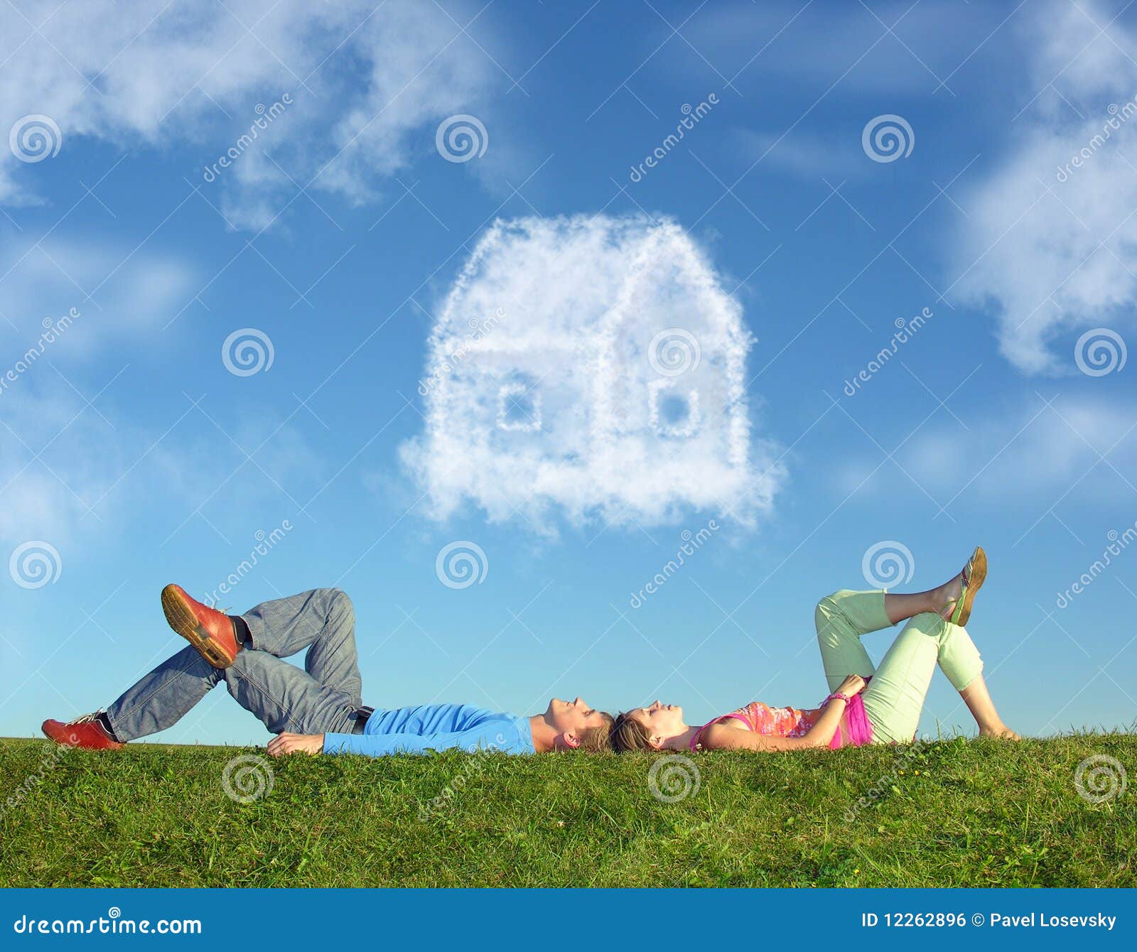 lying couple on grass and dream house collage