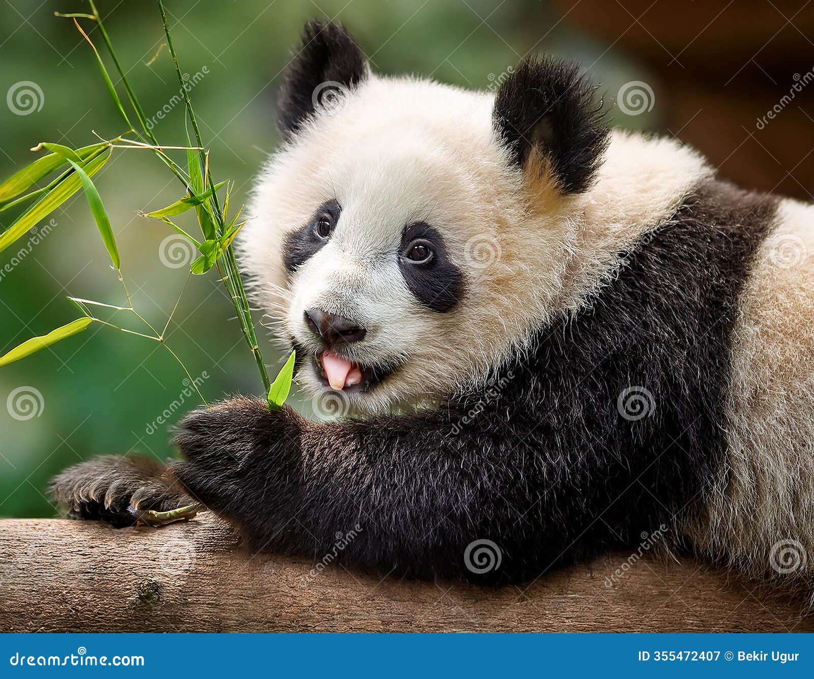 lying cute young giant panda feeding feeding bark of tree.