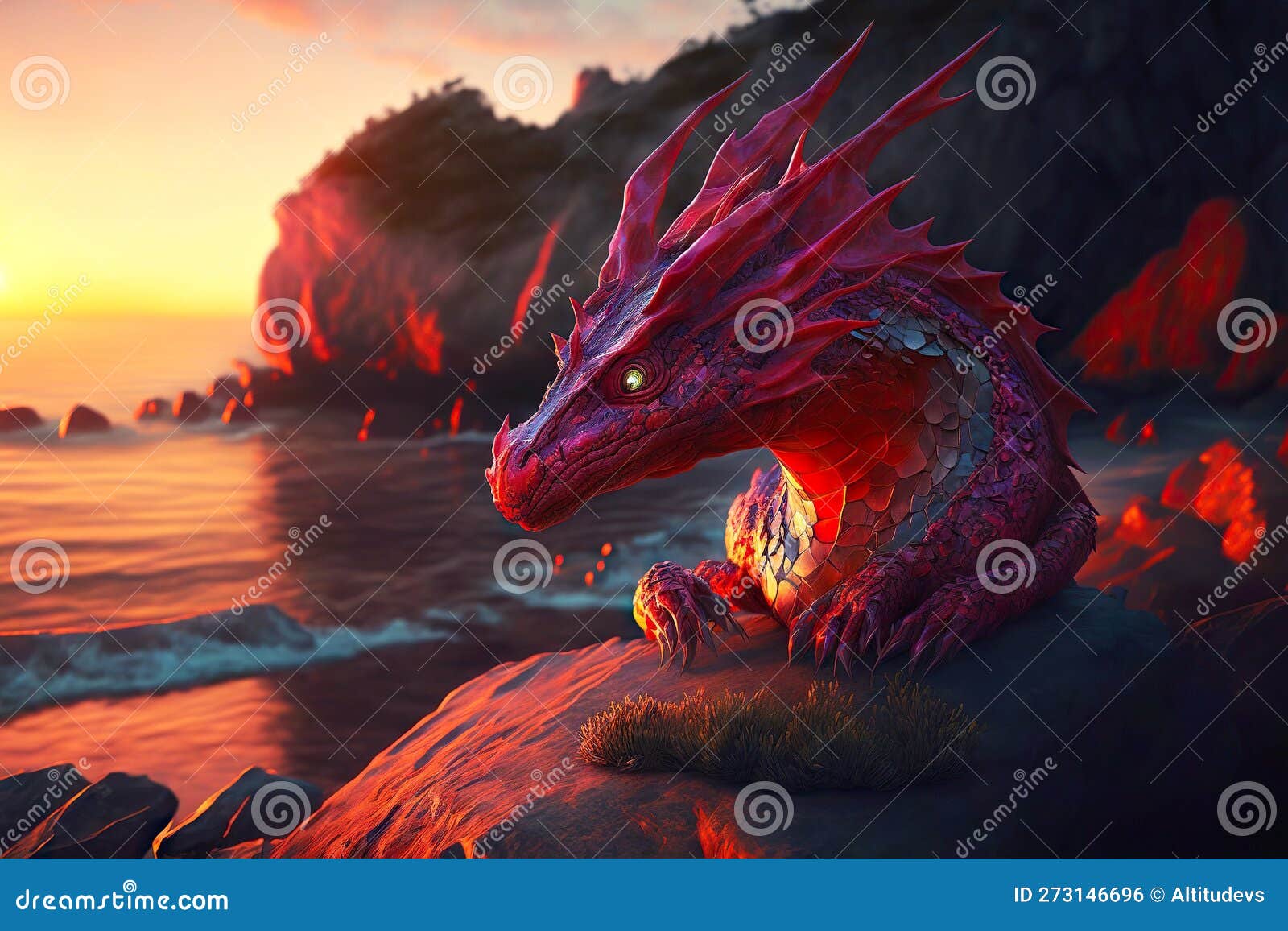 Lying on Rock on Seashore Evil Red Dragons Stock Illustration