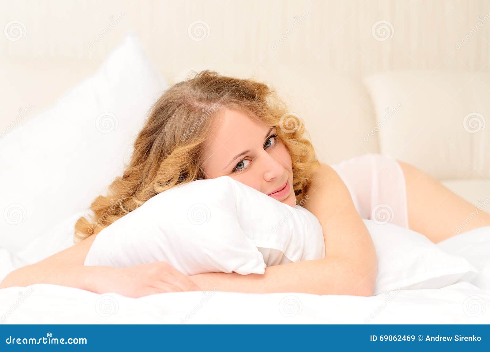 Lying Young Woman Hugging Pillow on Bed Stock Image - Image of arms ...