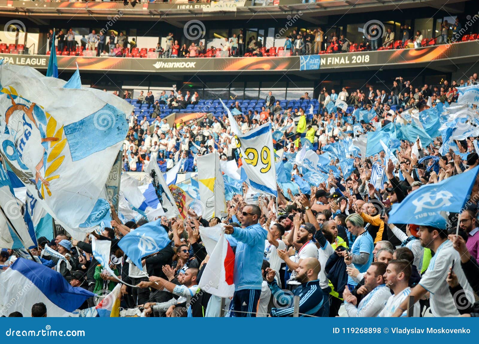 LYON, FRANCE - 16 May, 2018: Olympic Marseille fans in the stand