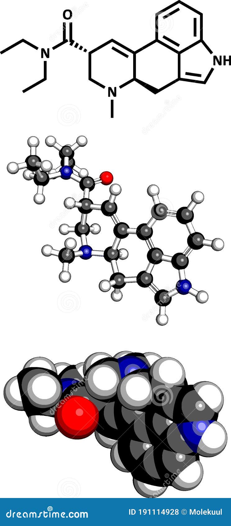 lysergic acid diethylamide (lsd) hallucinogenic drug, molecular model